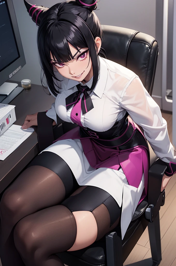 juri han,evil smile, work of art, tight white secretary shirt with black tie, black high waist skirt, short skirt, black hair, black tights, evil smile, office, bangs in the eyes, lighting, hair horn, vision of up, looking up, evil smile, sitting on an office chair, legs crossed
