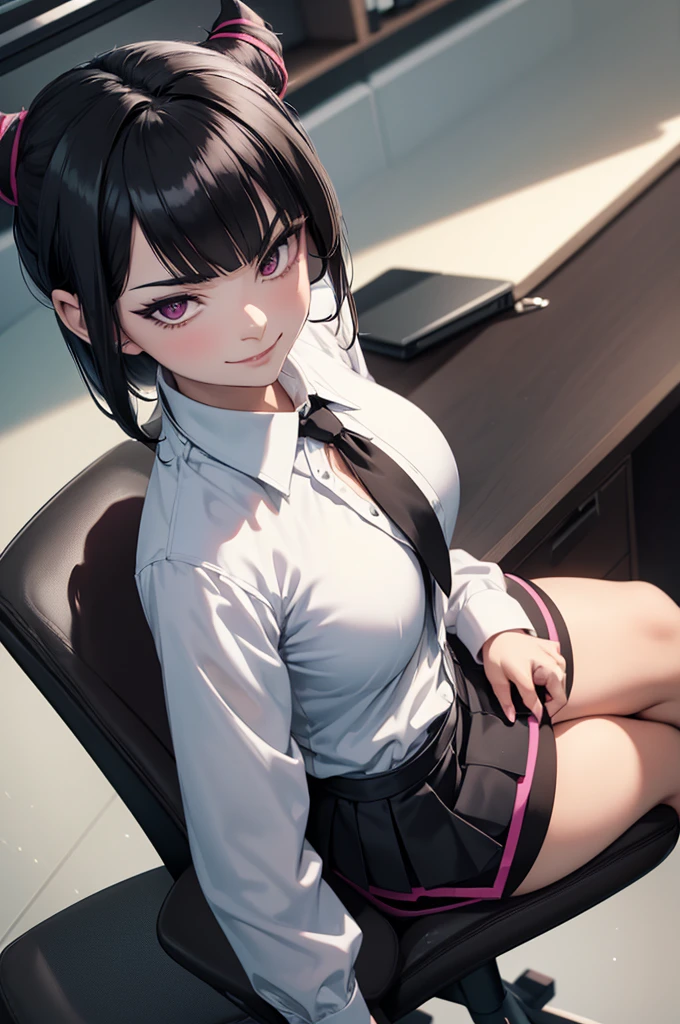 juri han,evil smile, work of art, tight white secretary shirt with black tie, black high waist skirt, short skirt, black hair, black tights, evil smile, office, bangs in the eyes, lighting, hair horn, vision of up, looking up, evil smile, sitting on an office chair, legs crossed
