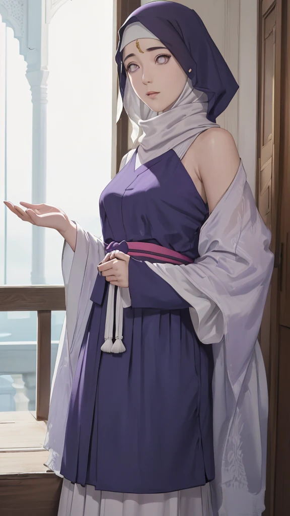 (masterpiece, top quality, best quality, official art, beautiful and aesthetic: 1.2), (1girl), (depicted as Hyuga Hinata from the anime Naruto), (long dark blue hair, cascading down her shoulders), (styled with white eyes, distinctive of her Byakugan heritage), (beautiful, with expressive features and captivating charm), (clad in purple clothes, traditional to Muslim attire), (wearing a mukena, intricately designed and flowing), (head adorned with a hijab, adding a layer of cultural authenticity), (set against a serene mosque background), (ultra-detailed, every fiber