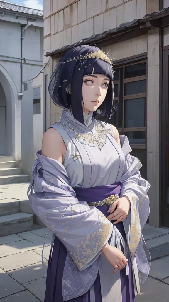 (masterpiece, top quality, best quality, official art, beautiful and aesthetic: 1.2), (1girl), (depicted as Hyuga Hinata from the anime Naruto), (long dark blue hair, cascading down her shoulders), (styled with white eyes, distinctive of her Byakugan heritage), (beautiful, with expressive features and captivating charm), (clad in purple clothes, traditional to Muslim attire), (wearing a mukena, intricately designed and flowing), (head adorned with a hijab, adding a layer of cultural authenticity), (set against a serene mosque background), (ultra-detailed, every fiber
