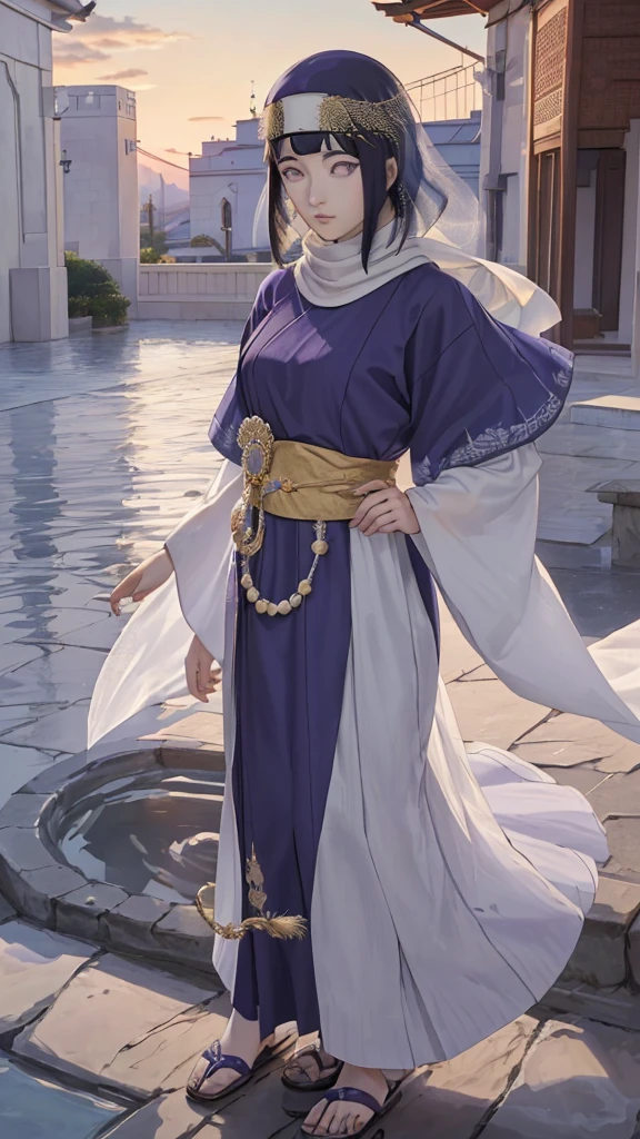 (masterpiece, top quality, best quality, official art, beautiful and aesthetic: 1.2), (1girl), (depicted as Hyuga Hinata from the anime Naruto), (long dark blue hair, cascading down her shoulders), (styled with white eyes, distinctive of her Byakugan heritage), (beautiful, with expressive features and captivating charm), (clad in purple clothes, traditional to Muslim attire), (wearing a mukena, intricately designed and flowing), (head adorned with a hijab, adding a layer of cultural authenticity), (set against a serene mosque background), (ultra-detailed, every fiber