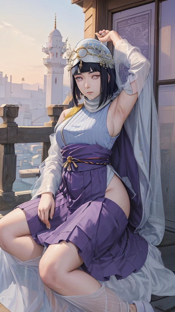 (masterpiece, top quality, best quality, official art, beautiful and aesthetic: 1.2), (1girl), (depicted as Hyuga Hinata from the anime Naruto), (long dark blue hair, cascading down her shoulders), (styled with white eyes, distinctive of her Byakugan heritage), (beautiful, with expressive features and captivating charm), (clad in purple clothes, traditional to Muslim attire), (wearing a mukena, intricately designed and flowing), (head adorned with a hijab, adding a layer of cultural authenticity), (set against a serene mosque background), (ultra-detailed, every fiber