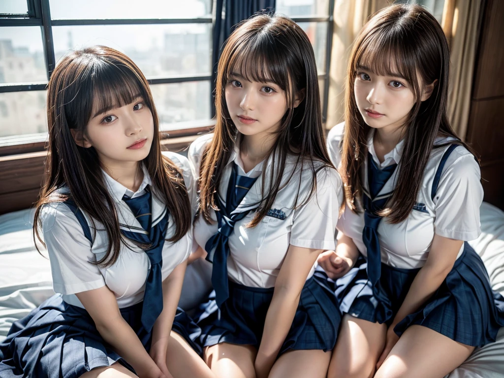 (RAW photo, 4k, masterpiece, high resolution, extremely complex) (realistic: 1.4), cinematic lighting
((2 girls, 2 schoolgirls)),Slam Dunk's,blushing,((innocent)),(Dark makeup),bright eyes,round eyes,blunt bangs,(straight hair:1.3),black hair,large breasts,wide hips,Summer Noon, 20 year old girl、cute type、lolita,Hot, (Best Quality), (Highres), (an Extremely Delicate and Beautiful),(Beautiful 8k face),(Brown eyes),short bob hair,( spectators),(gigantic breasts),(Play with each other,Touching each other's bodies,Touching the body),(Japanese high school uniform:1.3),blue skirt,(reality),bright lighting,(The background is a luxury hotel room)