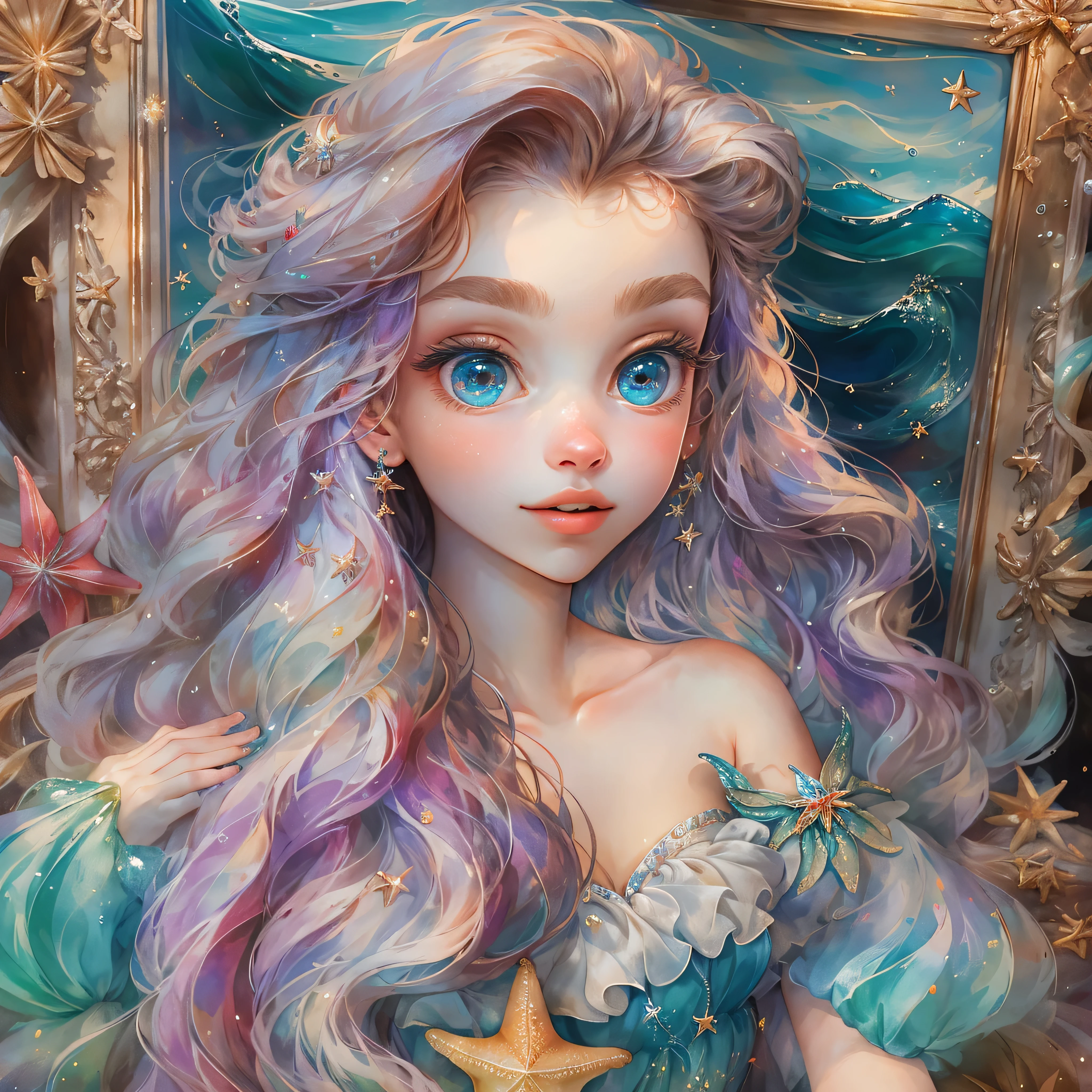 HighestQuali，tmasterpiece：1.2，Detailed details，A -yeld wo dressed up as a portrait of Ariel the Little Mermaid of Disney，Exquisite facial features，She held a starfish in her hand，She sits by the sea，There is foam everywhere