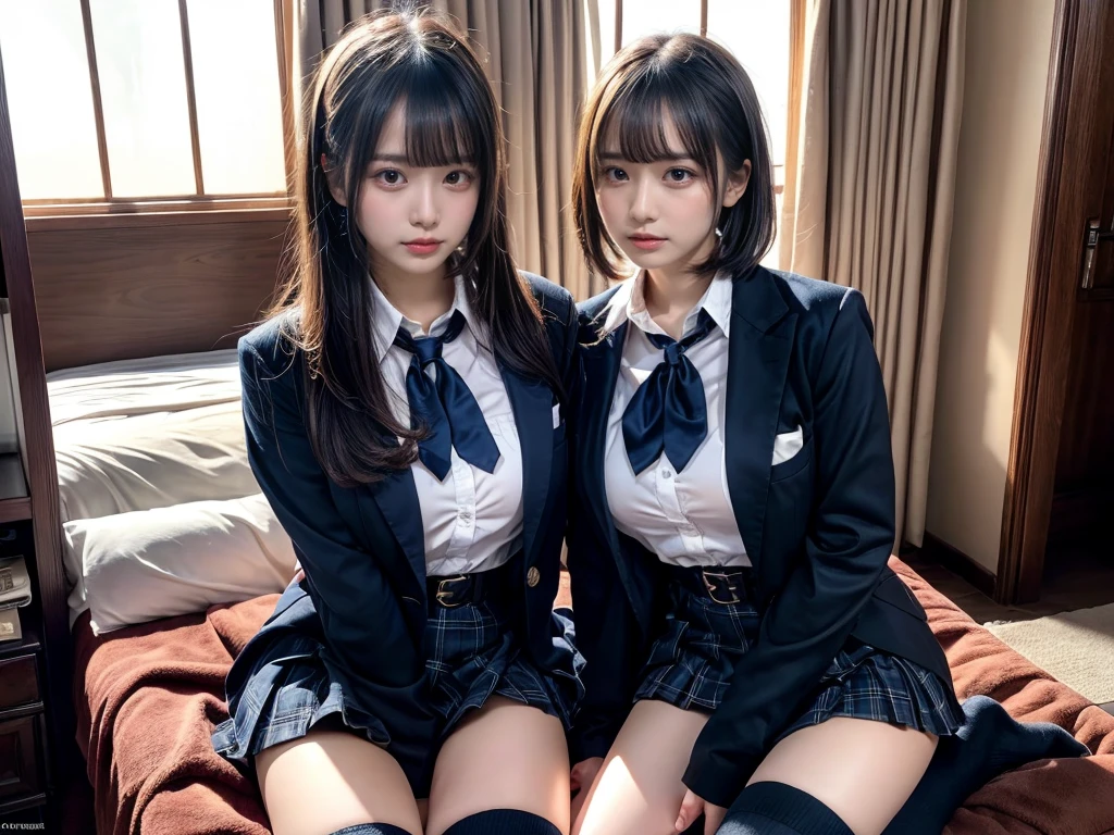 (8K, Raw photography, top-quality, masterpiece:1.2), master piece, best quality, illustration, Super detailed, fine details, High resolution, 8K,wall paper, perfect dynamic composition,(Details High quality, realistic depiction of eyes:1.3), ((2 girls, 2 schoolgirls)), The background is a luxury hotel room、High school girl uniform、blazer 、Super Short Check Uniform Skirt、Navy blue high socks、garterbelts、Colossal tits、Disturbed uniform, Play with each other,Touching each other's bodies,Touching the body of the girl next door, short bob hair, black hair color, huge breasts, Big Natural Color Lip, bold sexy pose, (perfect body shape), crying a little、cold gaze, Beautiful makeup,glitter makeup,Cutest 18 years old, beautiful legs, hposing Gravure Idol, Voluptuous thighs