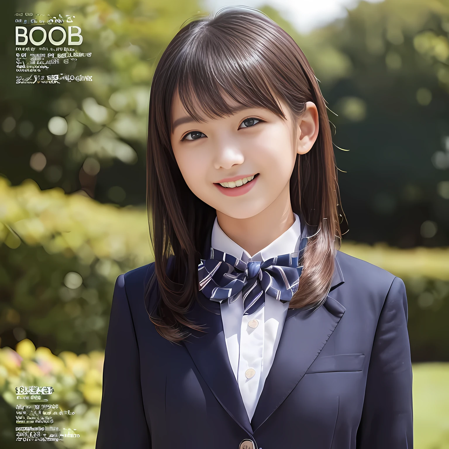 (highest quality, masterpiece:1.2), highest quality, Realistic, photograph, High resolution, 1080p, 8K, Physical Rendering, ((Height: 158cm)), Japanese girl、((((((A 14 year old beautiful mature Japanese magazine idle is looking straight at the viewer)))))), (((big very detailed beautiful dark brown eyes))), ((((laughing at me!)))), detailed fingers, (((curled blunt bangs))), ((((Very noble and cute eyes, carefully drawn with great attention to detail)))), ((double eyelids)), (((long eyelashes))), ((cute lovely lovely laughing laughing cheeks)), ((The pure white light hits my nose and cheeks. Her eyes and white facial skin shine beautifully white.)), (((((Her facial features are very expressive lovely smile, very sweet, very very intelligent))))), ((((impressive plain navy large school ribbon bow tie in plain)))), ((((black very beautiful bobbed hair)))), (blue and navy colored tartan checkered formal long pleated pleated skirt), (((A formal dark blue blazer in solid that is slightly oversized and with a golden emblem))), ((As elegant as a noble princess))