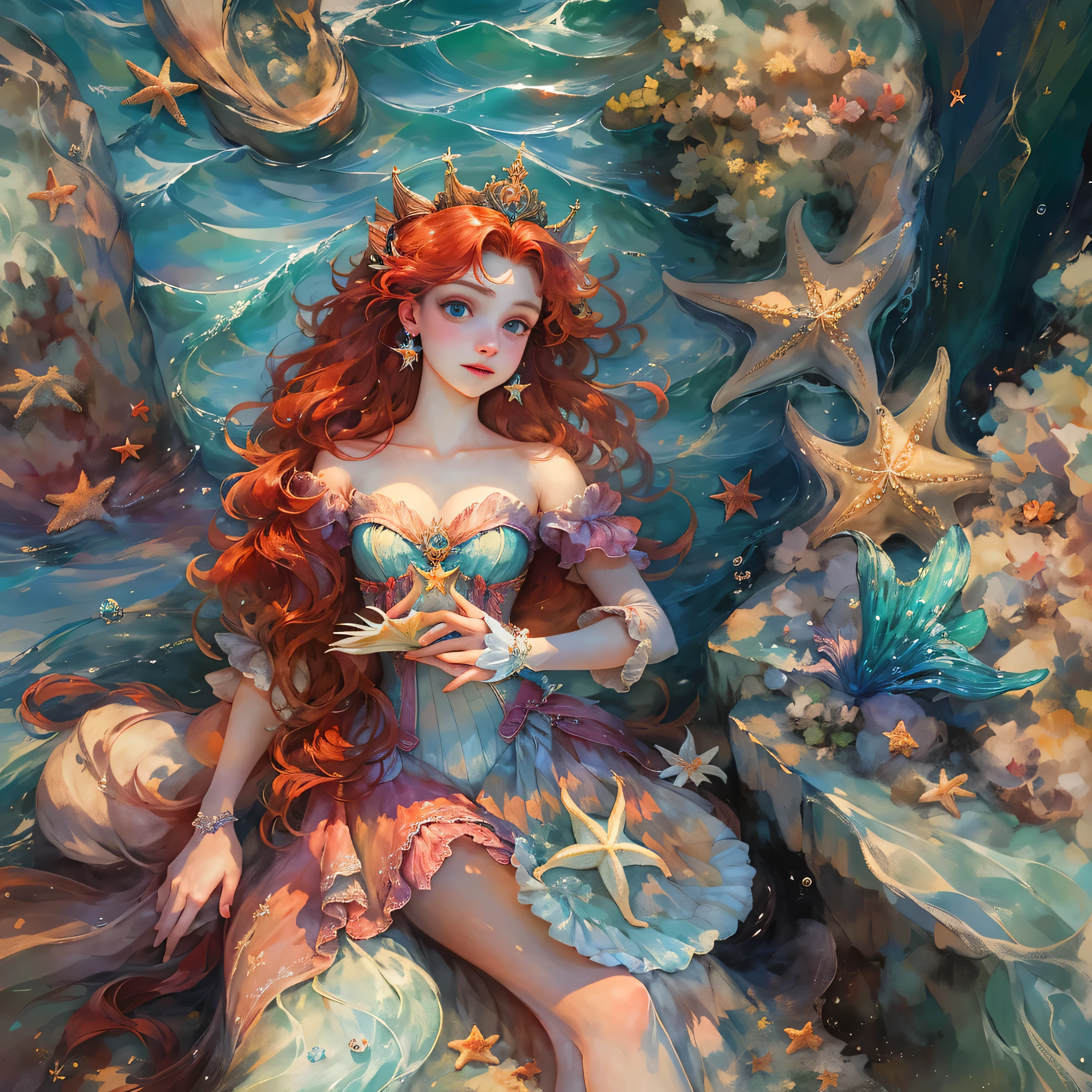 HighestQuali，tmasterpiece：1.2，Detailed details，A 16-year-old woman dressed up as a portrait of Ariel the Little Mermaid of Disney，Exquisite facial features，She held a starfish in her hand，She sits by the sea，There is foam everywhere