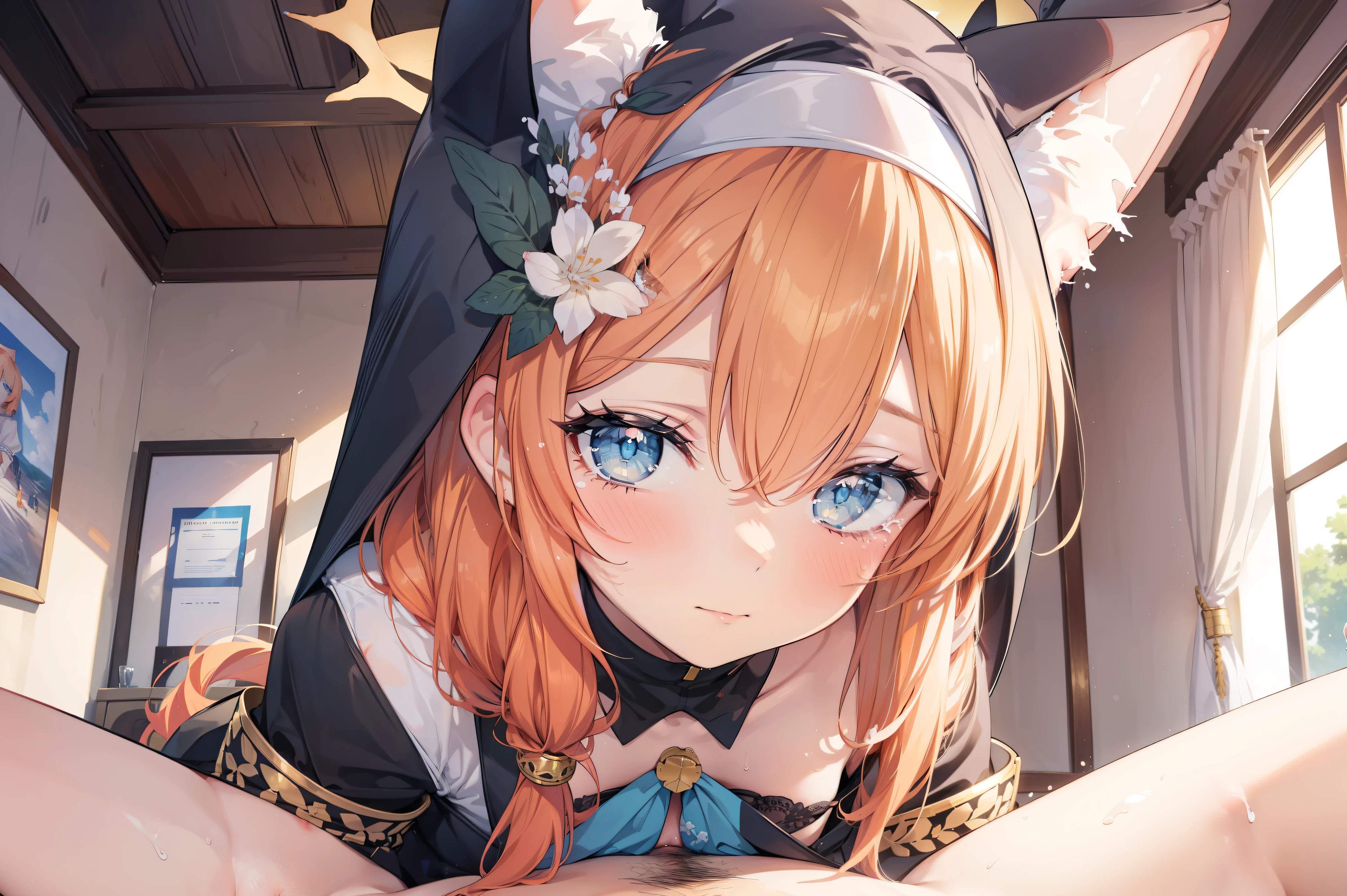 Marie、masterpiece、Best image quality、最high quality、Good looking girl (blush, Perfect Face), independent , Looking into the camera, masterpiece, Anime art style, Cute Characters, Most detailed, high quality、blush, (cry)、(No clothes)、naked、cowgirl position,girl on top,sex, nsfw)、1 boy and 1girl are having sex、Shiny Hair、Very fine and beautiful bright eyes、Very detailed, clear and beautiful face, Awards, Anatomically correct、Small nipples、Cat ear、Orange Hair、ta、Small breasts、uniform、Hooded