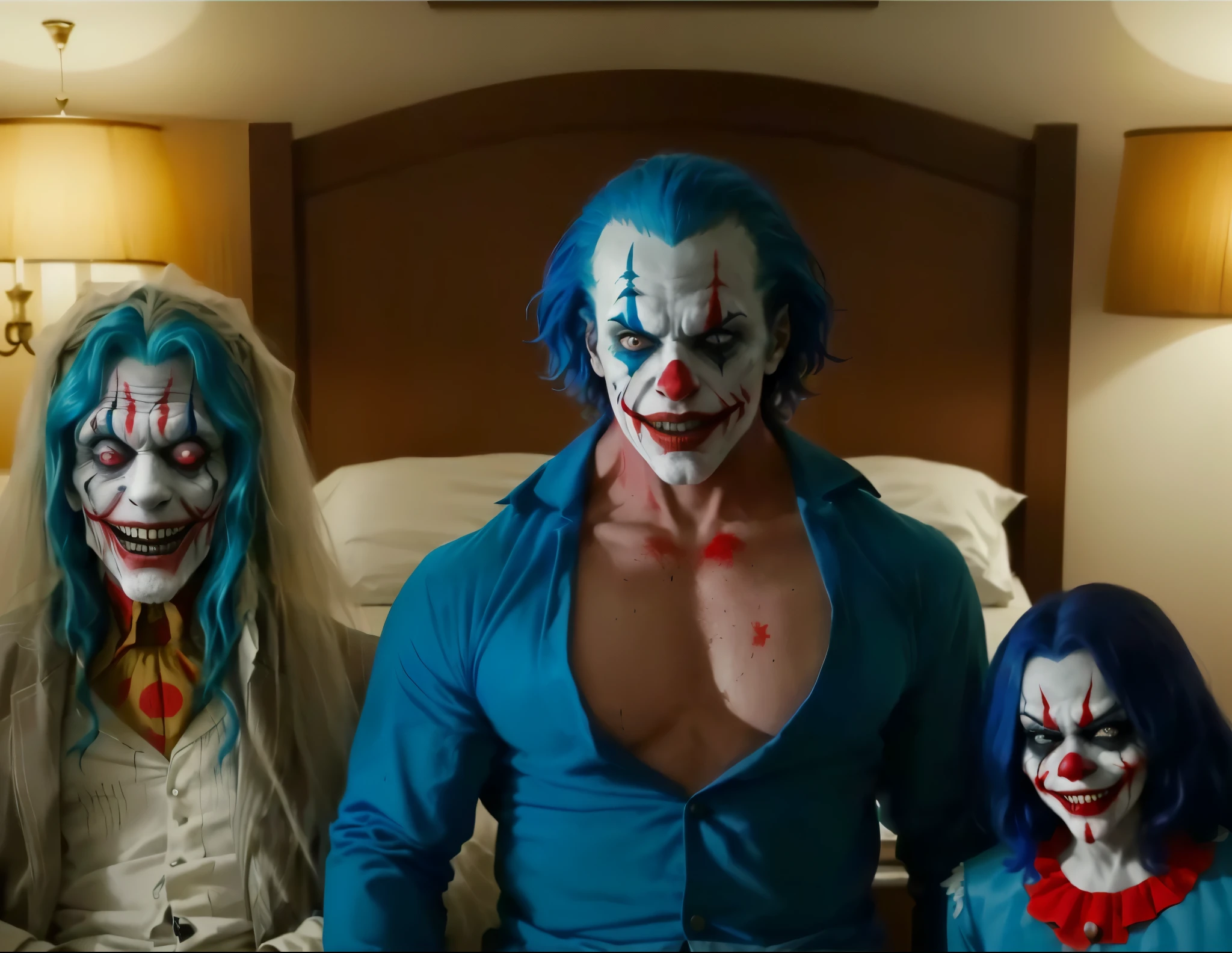 araffes and clowns are posing for a picture in a hotel room, scene from live action movie, still from a live action movie, from joker (2019), in this ominous scene, screenshot from morbius (2022), still image from the movie, mad monster  film, screenshot from a movie, sinister looking