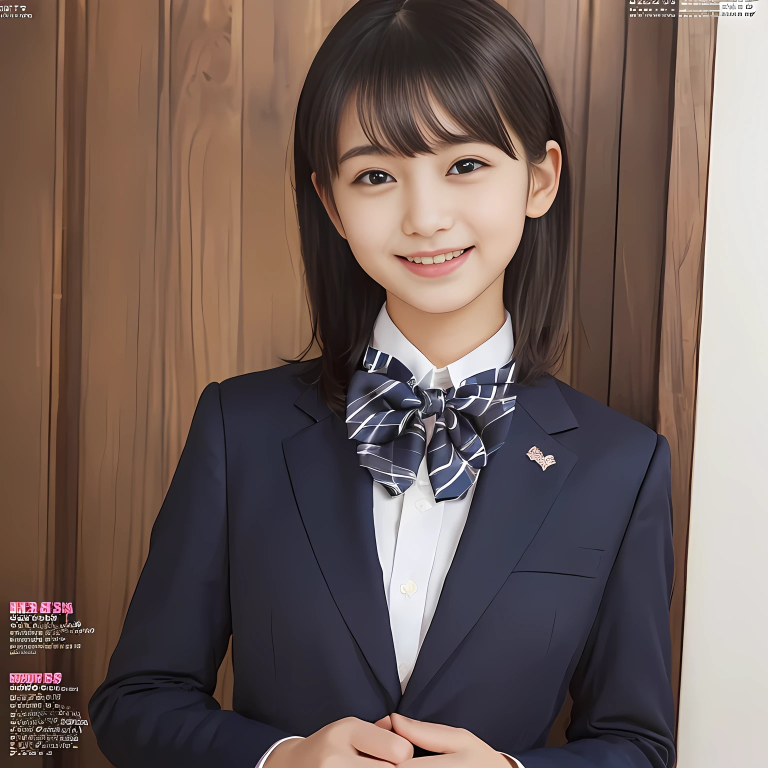 (highest quality, masterpiece:1.2), highest quality, Realistic, photograph, High resolution, 1080p, 8K, Physical Rendering, ((Height: 158cm)), Japanese girl、((((((A  beautiful mature Japanese magazine idle is looking straight at the viewer)))))), (((big very detailed beautiful dark brown eyes))), ((((laughing at me!)))), detailed fingers, (((curled blunt bangs))), ((((Very noble and cute eyes, carefully drawn with great attention to detail)))), ((double eyelids)), (((long eyelashes))), ((cute lovely lovely laughing laughing cheeks)), ((The pure white light hits my nose and cheeks. Her eyes and white facial skin shine beautifully white.)), (((((Her facial features are very expressive lovely smile, very sweet, very very intelligent))))), ((((impressive plain navy large school ribbon bow tie in plain)))), ((((black very beautiful bobbed hair)))), (blue and navy colored tartan checkered formal long pleated pleated skirt), (((A formal dark blue blazer in solid that is slightly oversized and with a golden emblem))), ((As elegant as a noble princess))