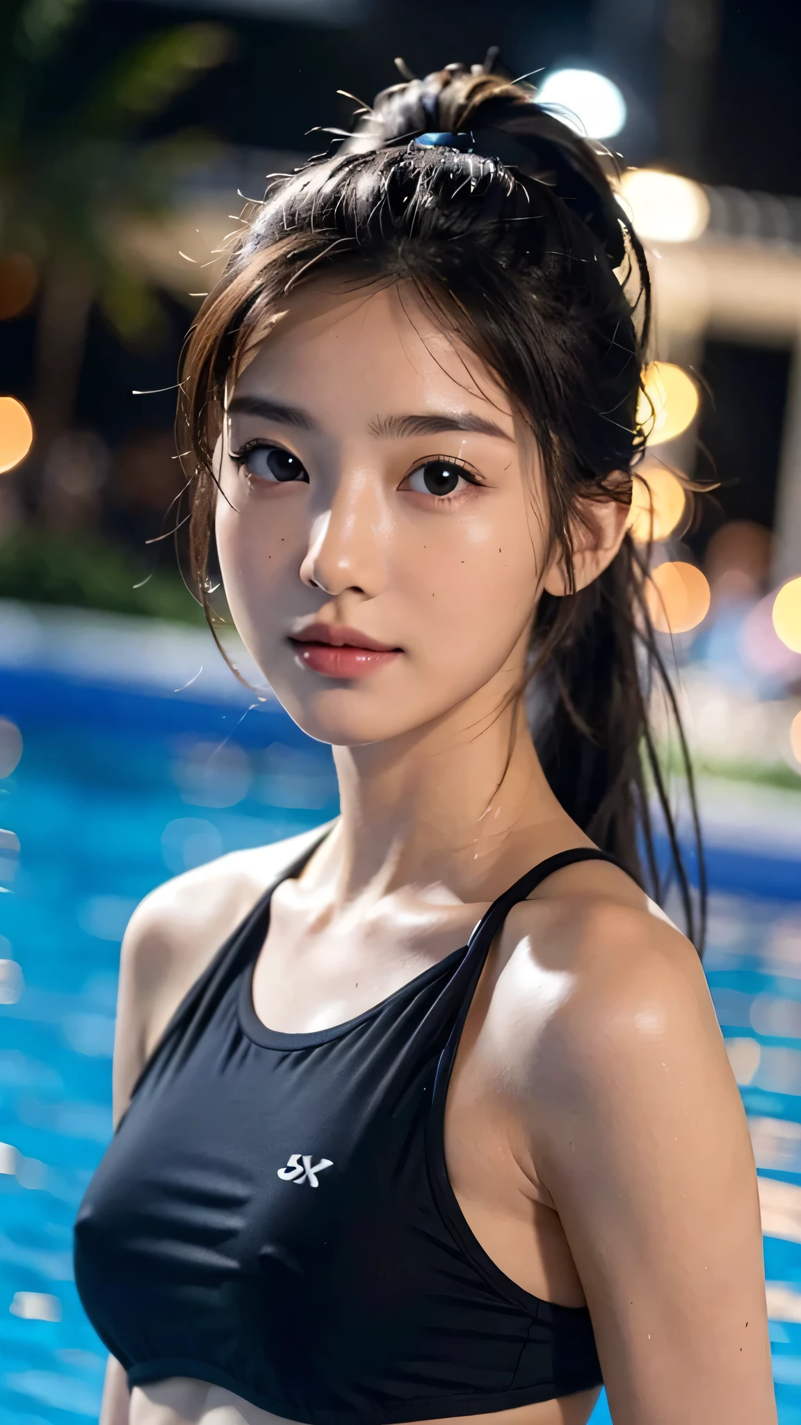 Pool at night,school swimwear,One woman,close up face,fully body photo,masutepiece, The highest image quality, High quality, the background is clear,Beautiful woman, Japanese, Detailed, Detailed eyes, Detailed skin, Beautiful skin, 超hight resolution, (reality: 1.4),Very beautiful woman, Slightly younger face, Beautiful skin, slender, (Ultra photo realsisim), (hight resolution), (8K), (Very detailed) (beautifully detailed eyes), (super detailed), (Detailed face), view the viewer, Fine details, Detailed face, Staring straight ahead, Staring straight ahead, photos realistic, Bright lighting, Professional Lighting, Black hair,poneyTail,a ,sixteen ye: ponytail,Long ponytail hairstyle,slight smile,