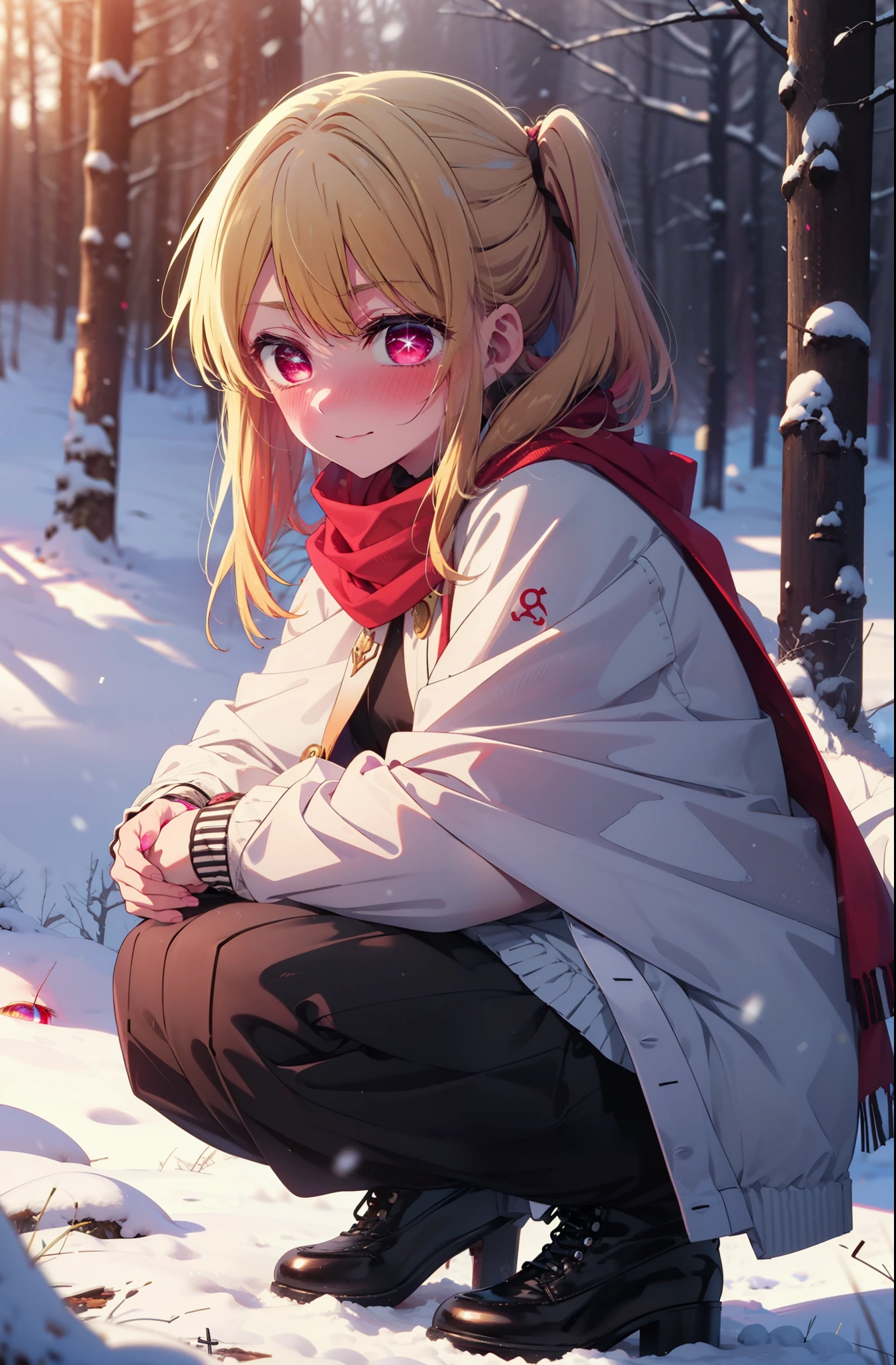 rubyhoshino, Hoshino Ruby, Long Hair, bangs, Blonde Hair, (Pink Eyes:1.3), Side Lock, (Symbol-shaped pupil:1.5), Multicolored Hair, Two-tone hair, smile,,smile,blush,White Breath,
Open your mouth,snow,Ground bonfire, Outdoor, boots, snowing, From the side, wood, suitcase, Cape, Blurred, , forest, White handbag, nature,  Squat, Mouth closed, Cape, winter, Written boundary depth, Black shoes, red Cape break looking at viewer, Upper Body, whole body, break Outdoor, forest, nature, break (masterpiece:1.2), highest quality, High resolution, unity 8k wallpaper, (shape:0.8), (Beautiful and beautiful eyes:1.6), Highly detailed face, Perfect lighting, Extremely detailed CG, (Perfect hands, Perfect Anatomy),