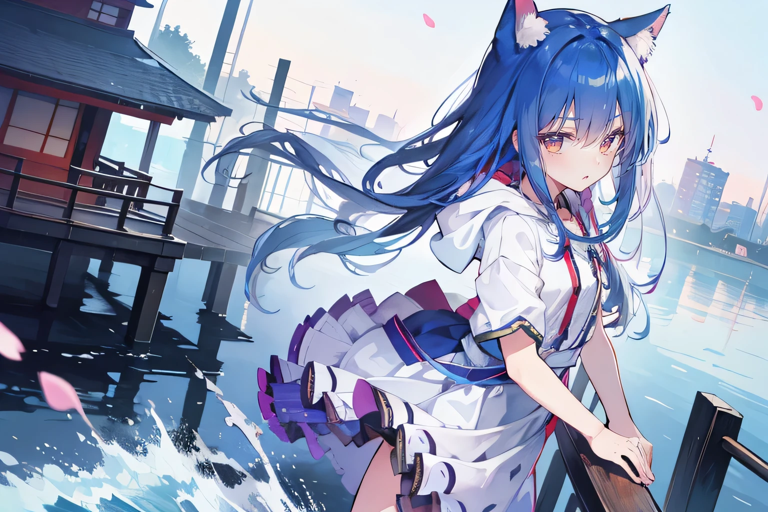 (masterpiece:1.2),Super detailed,lifelike,Expressive eyes,fair skin,perfect face shape,1 girl,
Japanese comics,Gorgeous blue hair,flowing blue hair,flowing clothes,Cat ears,Petals fall,beautiful lola,Baby Angel,
Shaking head with one hand,Cross your legs,Gentle and peaceful background,The pavilion is cool and comfortable,smile, wearing hoodie, background of tokyo,back views,snowing, winter,lie on the water.