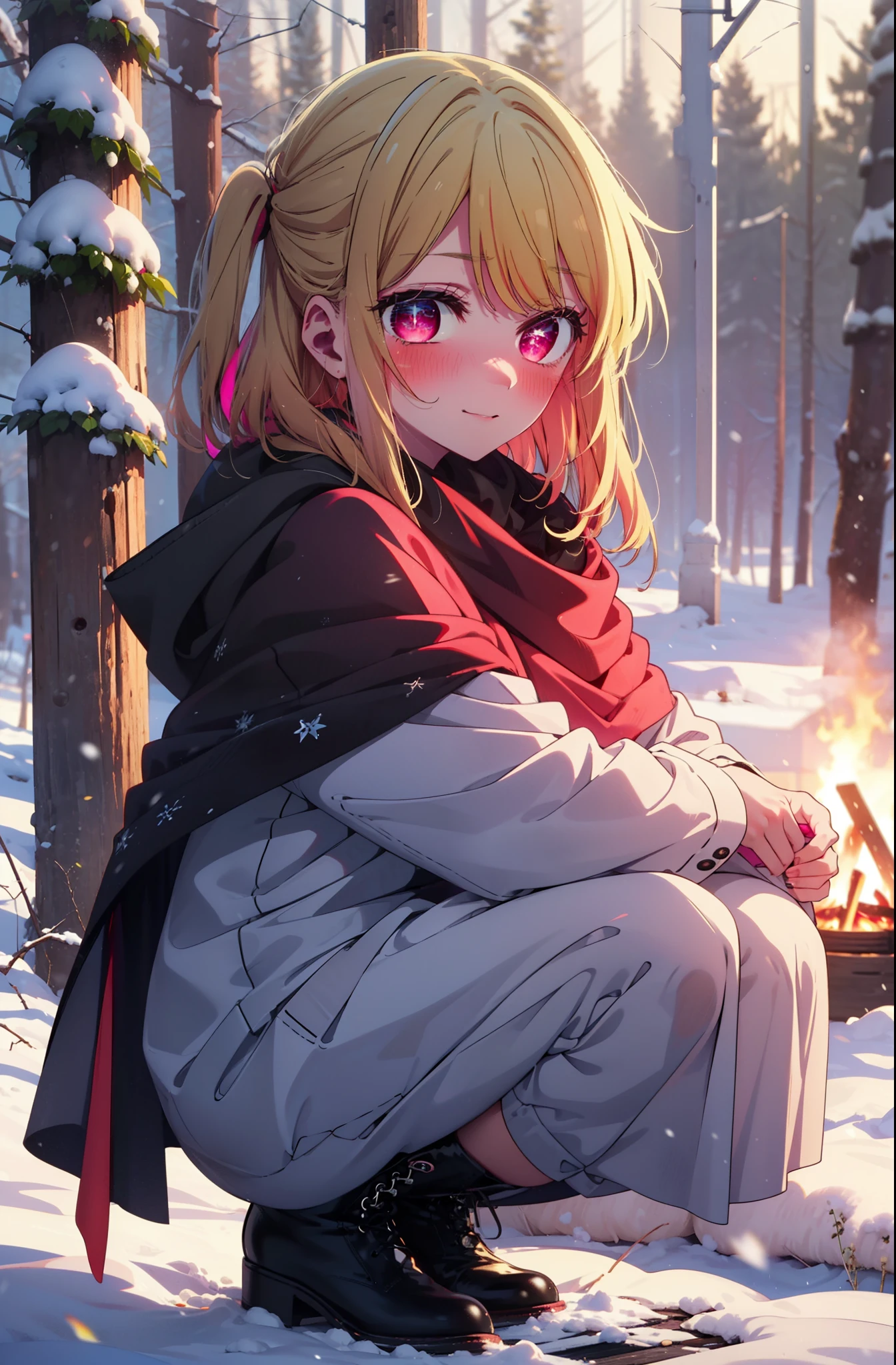 rubyhoshino, Hoshino Ruby, Long Hair, bangs, Blonde Hair, (Pink Eyes:1.3), Side Lock, (Symbol-shaped pupil:1.5), Multicolored Hair, Two-tone hair, smile,,smile,blush,White Breath,
Open your mouth,snow,Ground bonfire, Outdoor, boots, snowing, From the side, wood, suitcase, Cape, Blurred, , forest, White handbag, nature,  Squat, Mouth closed, Cape, winter, Written boundary depth, Black shoes, red Cape break looking at viewer, Upper Body, whole body, break Outdoor, forest, nature, break (masterpiece:1.2), highest quality, High resolution, unity 8k wallpaper, (shape:0.8), (Beautiful and beautiful eyes:1.6), Highly detailed face, Perfect lighting, Extremely detailed CG, (Perfect hands, Perfect Anatomy),