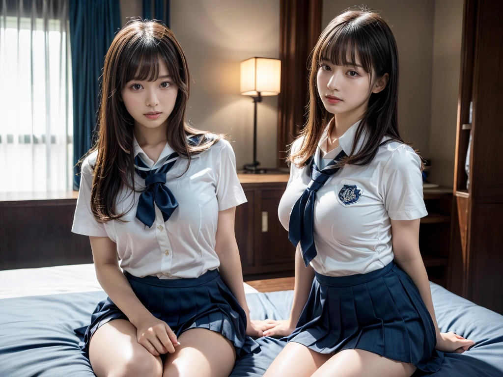 (RAW photo, 4k, masterpiece, high resolution, extremely complex) (realistic: 1.4), cinematic lighting
 ((2 girls, 2 schoolgirls)),Slam Dunk's,blushing,((innocent)),(Dark makeup),bright eyes,round eyes,blunt bangs,(straight hair:1.3),black hair,large breasts,wide hips,Summer Noon, 20 year old girl、cute type、lolita,Hot, (Best Quality), (Highres), (an Extremely Delicate and Beautiful),(Beautiful 8k face),(Brown eyes),short bob hair,( spectators),(gigantic breasts),(Play with each other,Touching each other's bodies,Touching the body),(Japanese high school uniform:1.3),blue skirt,(reality),bright lighting,(The background is a luxury hotel room)