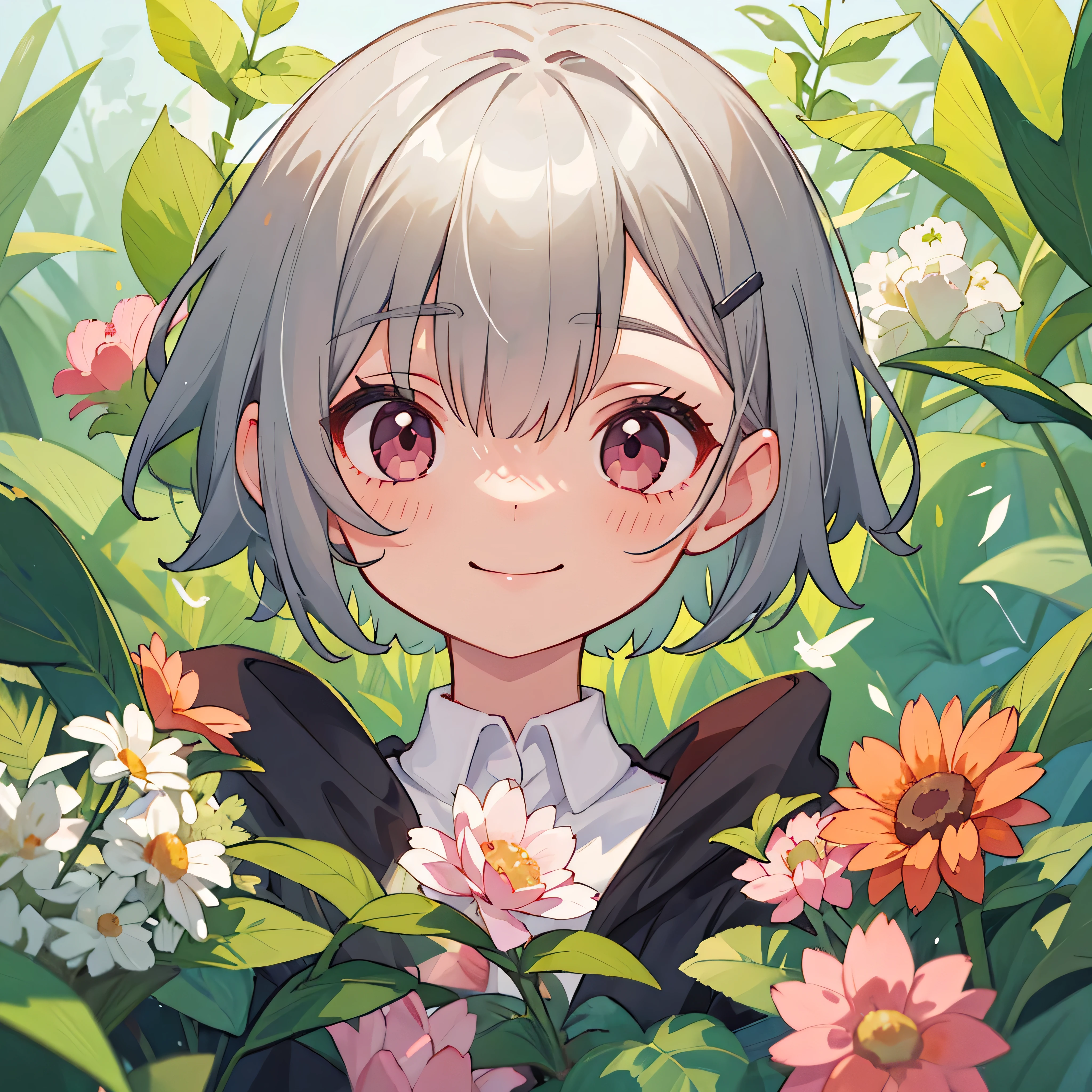 Single Portrait、girl、smile、impression、(Oil)、Green and orange tones、Short silver bob hair held together with a hair clip、Pink Eyes