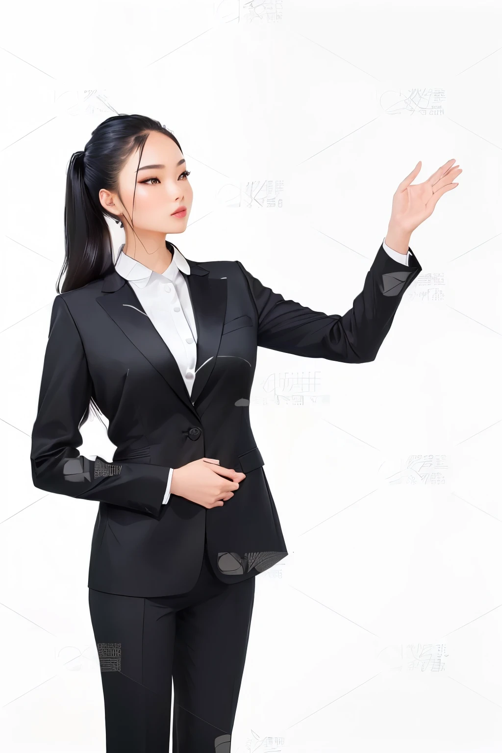 arafed asian Business Woman in a black suit and white shirt, Wearing a black suit, Girl in a suit, Girl in a suit, Woman in black suit, young Business Woman, wearing a black noble suit, High quality stock images, Reference table white background, Photos of slim girl models, elegant Side pose, prompt young woman, Business Woman, Side pose