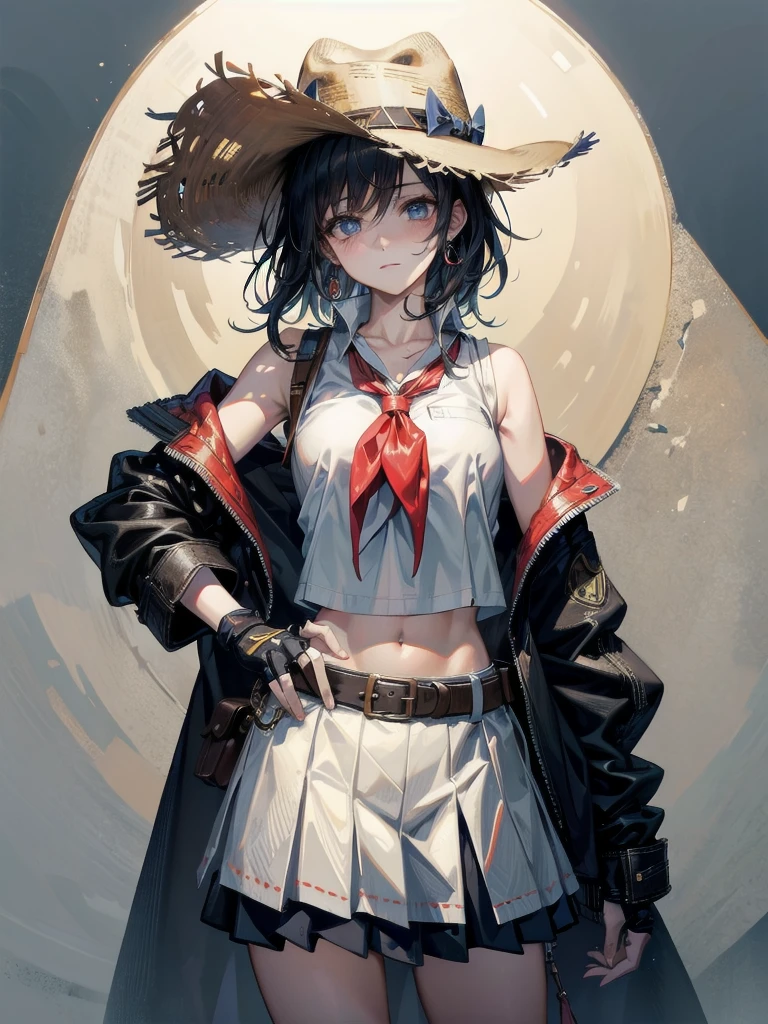 cowgirl costume, vest, cowboy hat, fingerless gloves, midriff, neckerchief, short skirt, holster, absurdres, RAW photo, extremely delicate and beautiful, masterpiece, Best Quality, ultra high resolution, 32k, hyperrealistic, ultra-detailed, perfect figure, tearful mole, earring, whole body shot, short medium hair, wavy hair,