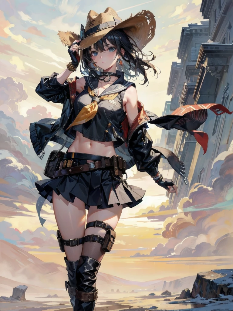 cowgirl costume, vest, cowboy hat, fingerless gloves, midriff, neckerchief, short skirt, holster, absurdres, RAW photo, extremely delicate and beautiful, masterpiece, Best Quality, ultra high resolution, 32k, hyperrealistic, ultra-detailed, perfect figure, tearful mole, earring, whole body shot, short medium hair, wavy hair,