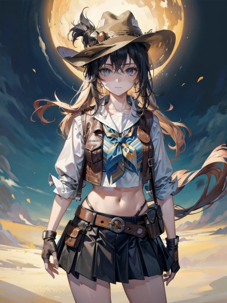 cowgirl costume, vest, cowboy hat, fingerless gloves, midriff, neckerchief, short skirt, holster, absurdres, RAW photo, extremely delicate and beautiful, masterpiece, Best Quality, ultra high resolution, 32k, hyperrealistic, ultra-detailed, perfect figure, tearful mole, earring, whole body shot, short medium hair, wavy hair,