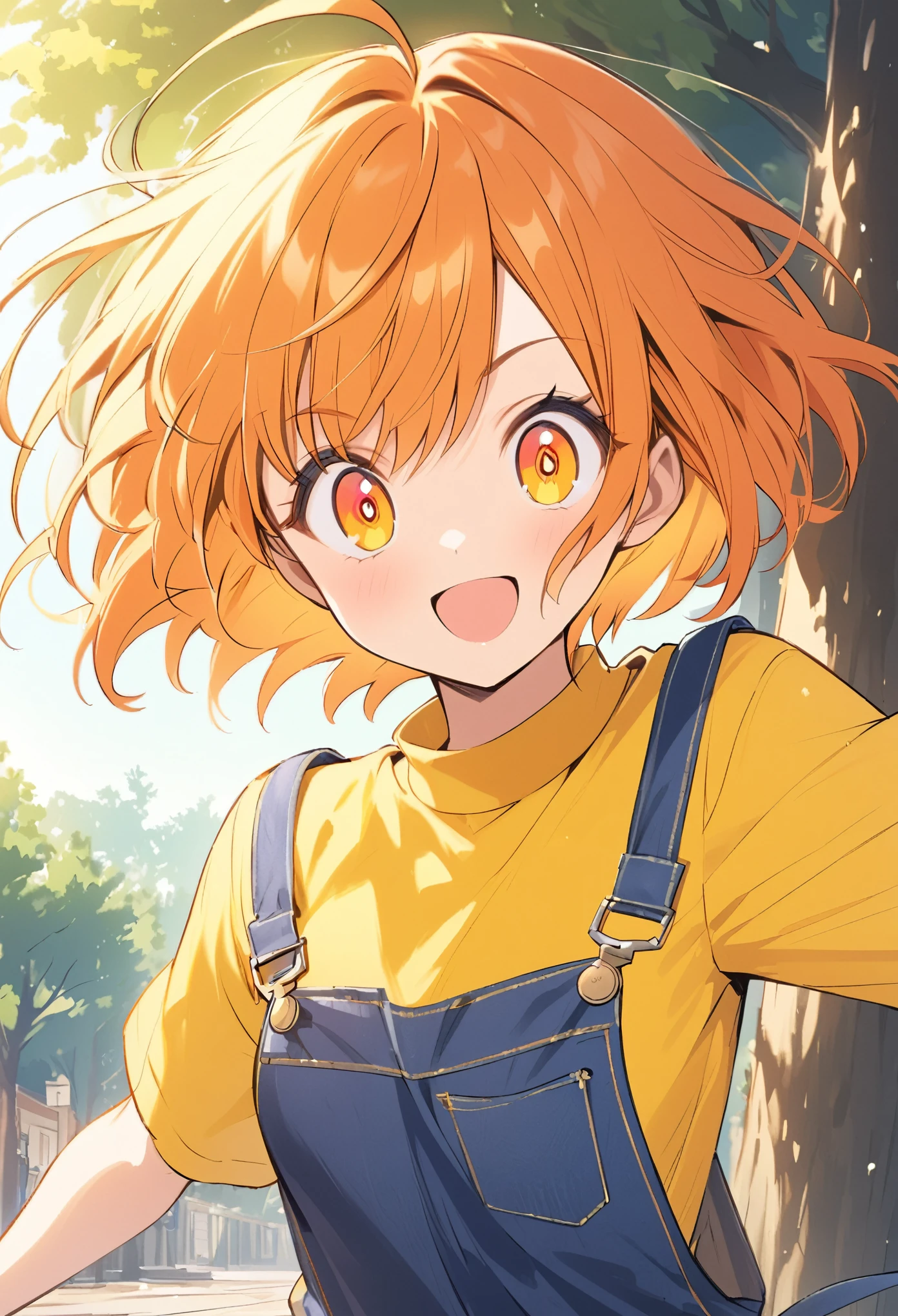 Cheerful girl、Orange Hair、short hair with a flip out、Ahoge、Yellow sweatshirt、Active、Tree Eyes、Energetic、Orange Eyes、Blue Overalls