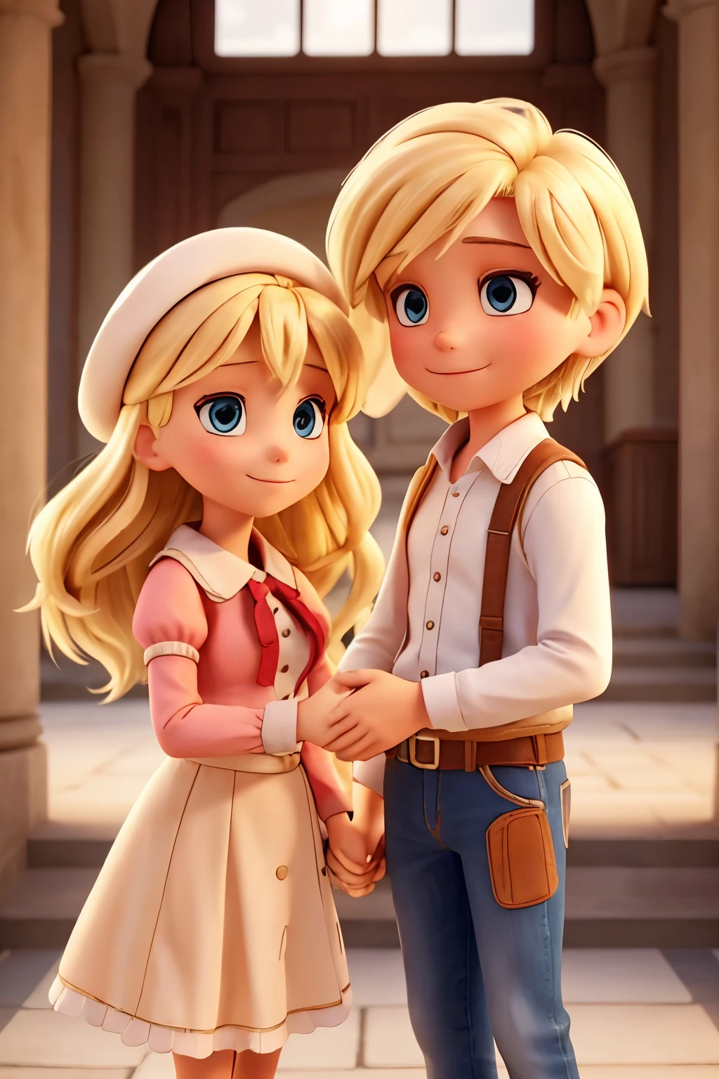 Ein Brautpaar. Sie hat blonde schulterlange Haare und er blonde kurze Haare. They stand next to each other and hold hands. At the top of the picture it says “Lydia and Florian”. 