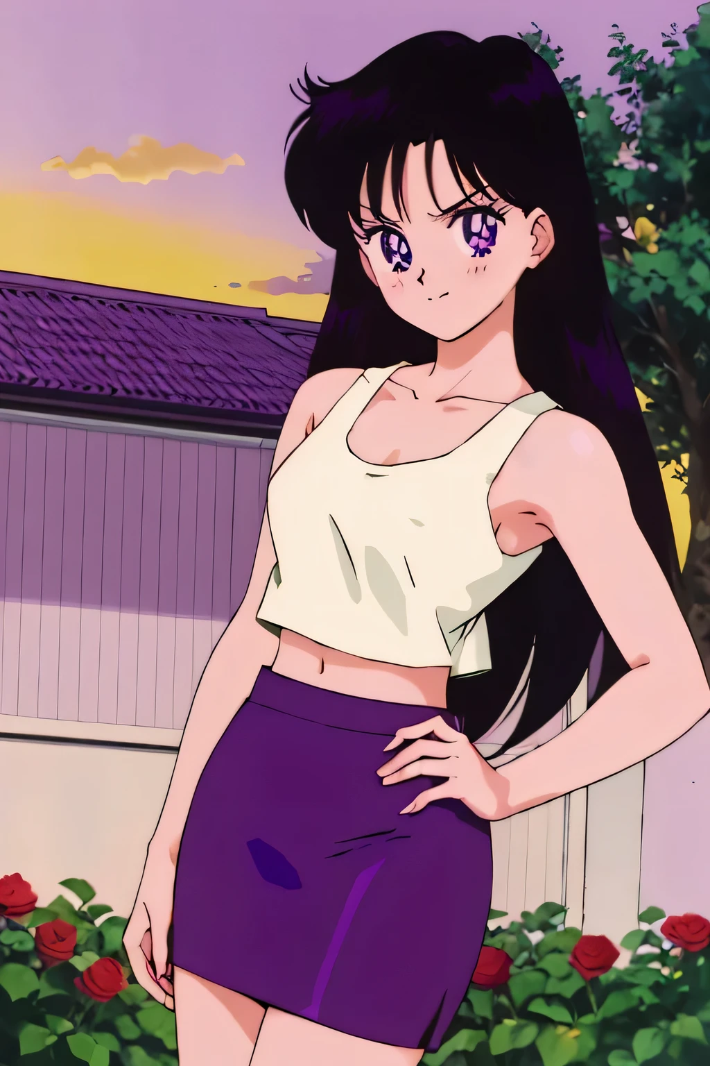 (retro anime girl:1.2), (masterpiece:1.2), (best quality), (ultra detailed), (8k,4k), (half body:1.2), (cowboy:1.2), (close up:1.2), (highly detailed:1.2), (White tank top:1.4), (purple pencil skirt:1.4), Rei Hino, 1 girl, solo, Best quality, masterpiece, High Definition, r, Purple Eyes, Beautiful Detail Eyes, Black Hair, Long Hair, Good hands at sides, Seductive Smile, Blushing, Bare Neck, Bare Arms, Bare Shoulders, White Tank Top, purple pencil skirt, standing up, looking at viewers, garden, sunset skies, rose bushes, outdoor gazeb