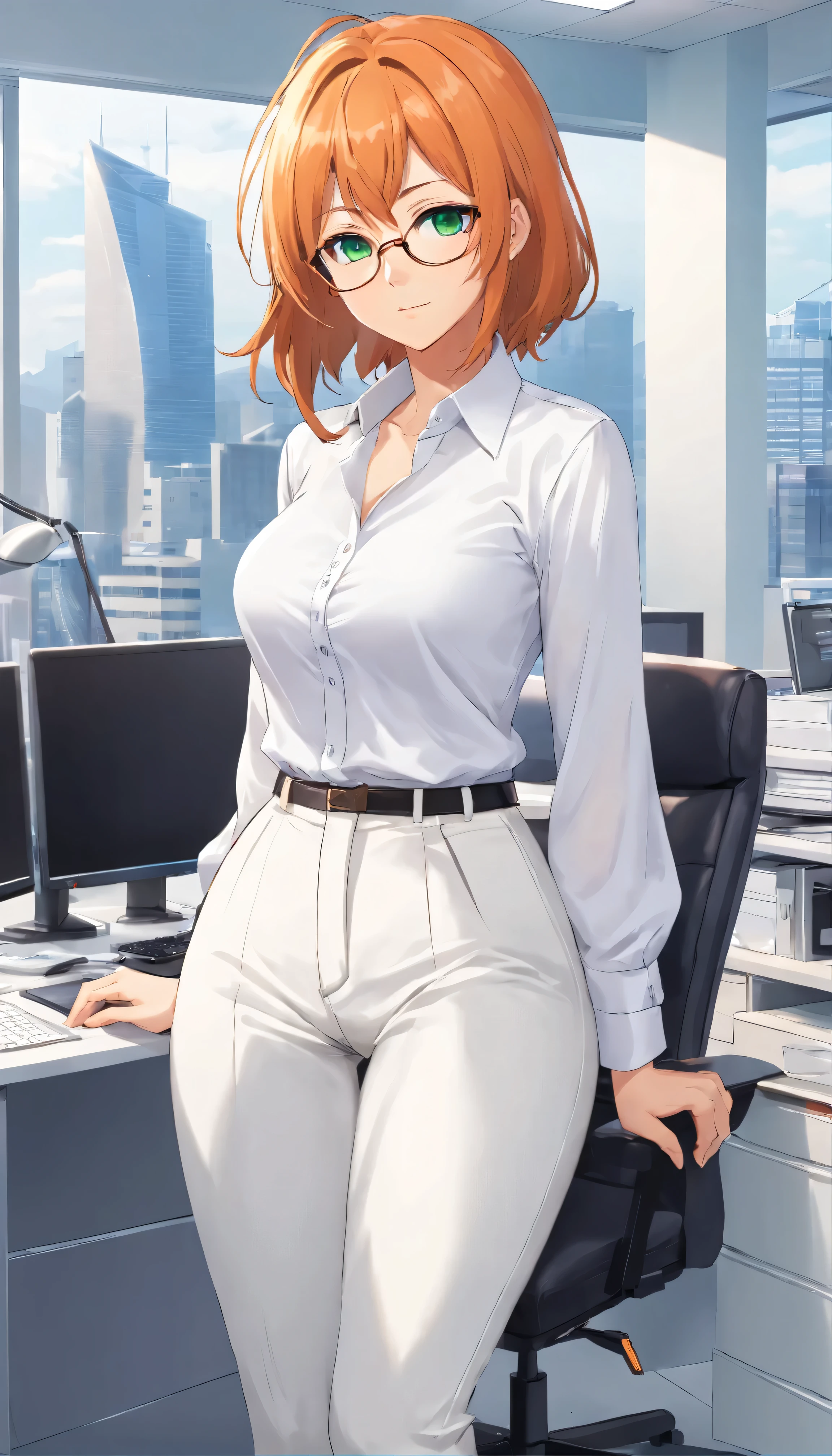 (masterpiece, Best quality), 8K, ultra detailed, realistic photo, Detailed face, perfect lighting, green eyes, bright orange hair, bright hair, fox ears, nice legs, side photo, beautiful, Cute, skin pores, 1 girl, stand in the office, hiking, Office pants, perfect shirt, fully dressed, beautiful women 30 years old, Beautiful proportions, Russian woman, Caucasian, European, Business lady, stunningly beautiful woman, mother, thick legs, show ass, big breasts, (Thin white shirt:1.4), thick, hot, (White Office Wear:1.4), tight pants, (wide hips:1.2), thick, (white Office pants:1.3), spread your legs, Legs open, full length, wide hips, Glasses