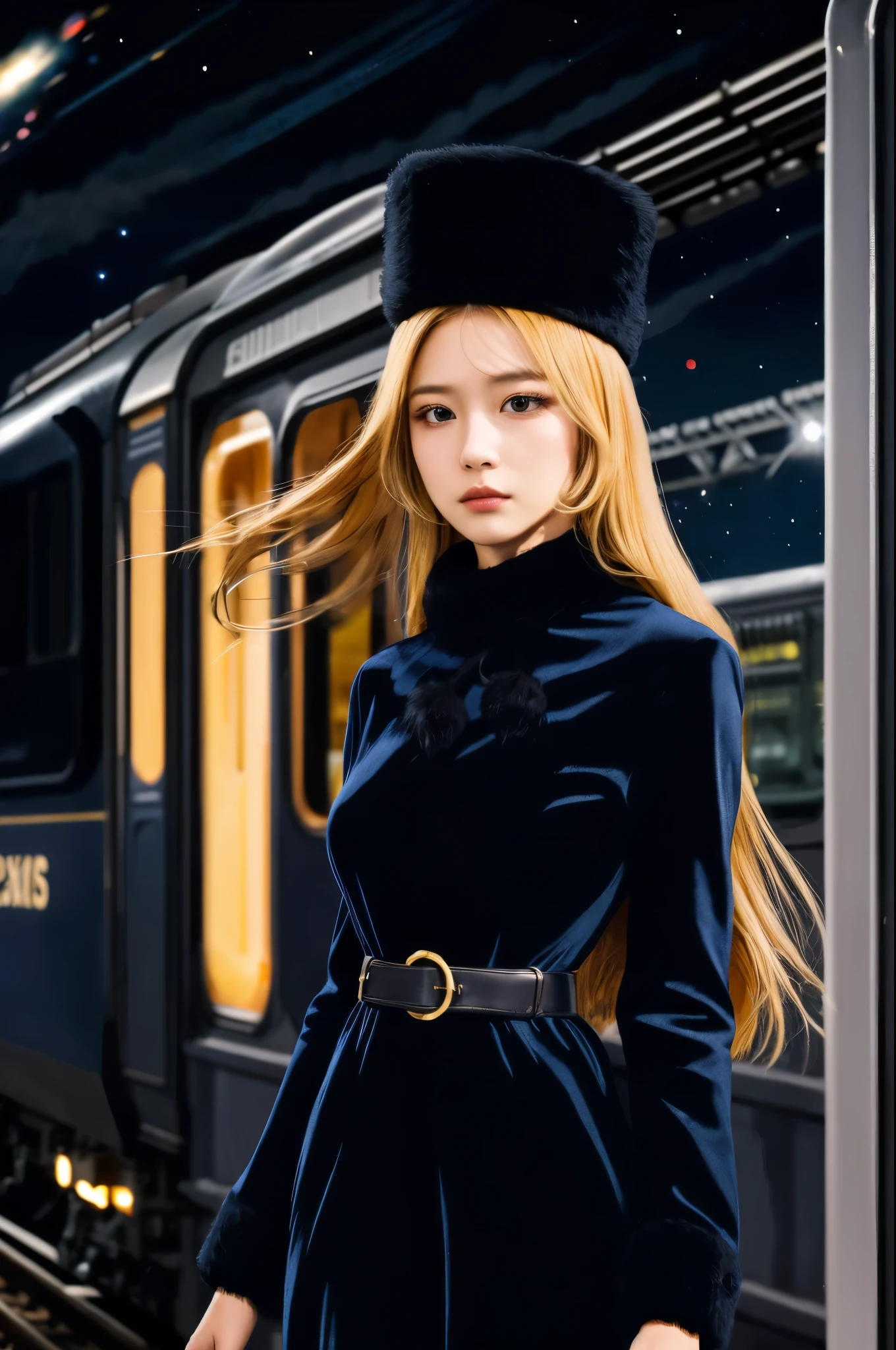 highest quality, Super quality,, RAW Photos, Realistic, Incredibly absurd, Very detailed, delicate, Flashy and dynamic depiction, Galaxy Express 999, Material, Long Hair, Blonde Hair, Fur trim, Black Hat, Fur has, dress, Dynamic Angle、Beautiful and cool woman, sad, Fleeting, Melancholic expression, Sharp eyes, Sharp Face, Slender and perfect proportions, Tight waist, Long eyelashes, Detailed pupil, Detailed skin texture, Background Galaxy, night, Station platform, Steam locomotive station, luggage