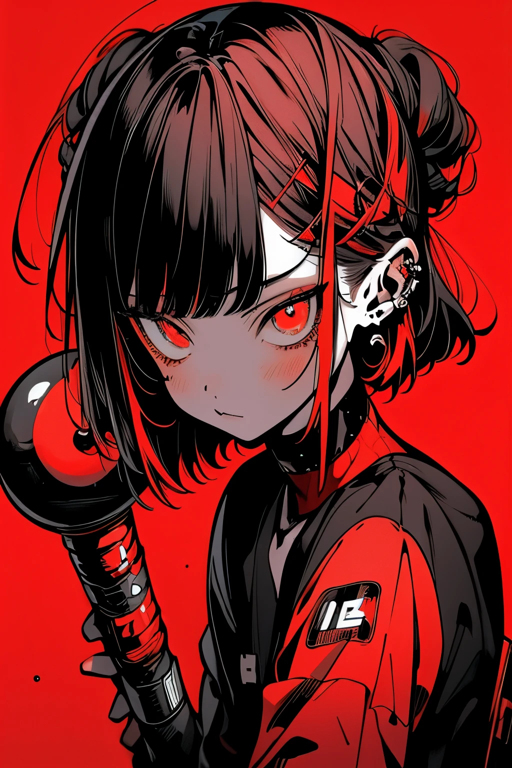 on the moon, red is the main color, Holding_arma, No_The human, lowers_Eyes, droid, background of the Milky Way galaxy,neons,Cyberpunk, Best Quality, masutepiece, absurderes, monochromes, Game CG,