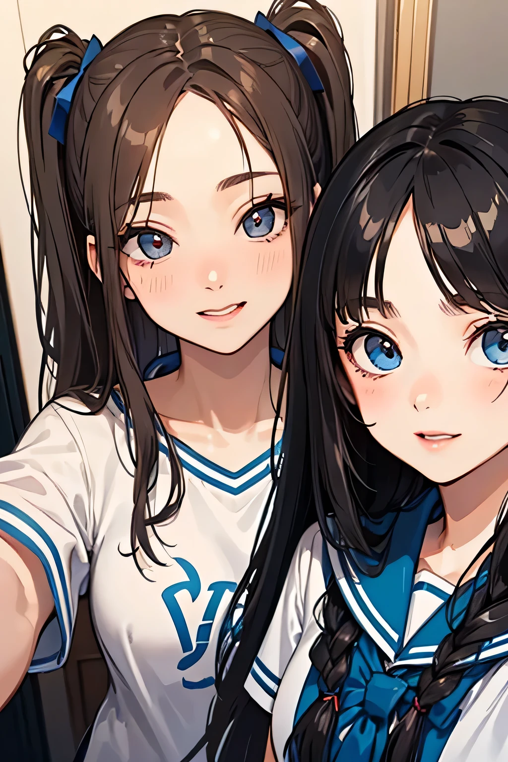 highest quality、High resolution、Detailed Background、(Beautiful face in every detail:1.4)、Anatomically correct、(Hide your fingers:1.4)、(Detailed facial expressions)、(Detailed eyes:1.2)、Teenage beauty、(Highly detailed face:1.4)、Cute hair colour、Braided twin tails、well-groomed eyebrows、Cute JK Uniform、Cute gestures、(Changing clothes in the fitting room)、In a joking manner、A big smile、(Three beautiful girls happily taking a selfie with their friends:1.5)