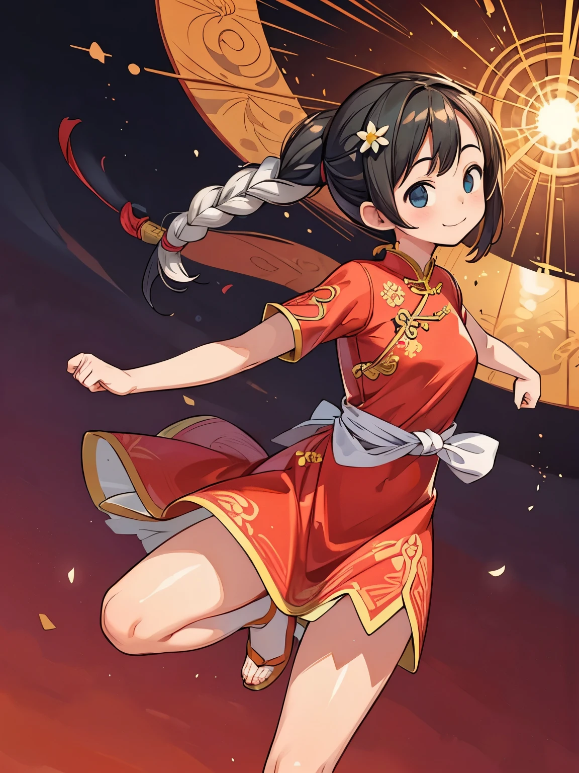 (masterpiece、highest quality、highest quality、Official Art、Beautiful and beautiful:1.2)、(One girl:1.3)Hatsune Miku、Twin tails,Big Breasts,(Official Art、highest quality、Unity 8K Wallpaper、32k、masterpiece、Ultra-detailed、超A high resolution、Realistic、Photorealistic:1.2)、(Cinema Lighting:1.2)、Fire Glow Effect、Film Grain、Best Shadow、Rim Light、Side light、Side Shot、(Highly detailed and intricate 3D rendering)、細部までBeautiful Faceと目、Slender、Medium Bust、(whole body:1.2)、 Highly detailed background、China Dojo、Beautiful Face、Blurred Background、Beautiful girl、(Highly detailed skin、Detailed skin texture:1.3)、Black Hair、short hair、Braided Ponytail、blue eyes、Red Chinese dress embroidered with gold thread、Wearing high heels、Flower Hair Ornaments、A kind smile、(Thighs Thighs Thighs Thighs:0.9)、(Kung Fu Pose:1.2)、Dynamic Pose、