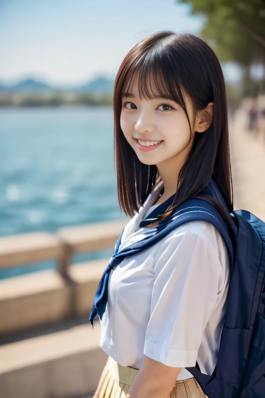 masterpiece, highest quality, 8k, 1 Japanese girl, (18-year-old), teenager, smile, alone, (Super cute idol-like face:1.2), (White shirt, Sailor , Navy blue pleated skirt, School backpack:1.2), Delicate girl, Black Hair, Middle bob hair, Straight hair, bangs, Looking at the audience, Frank, Sophisticated, Professional Lighting, Film Grain, whole body, Beautiful appearance, (The background is a beautiful summer blue sky and sea.、Embankment:1.2), Small breasts,