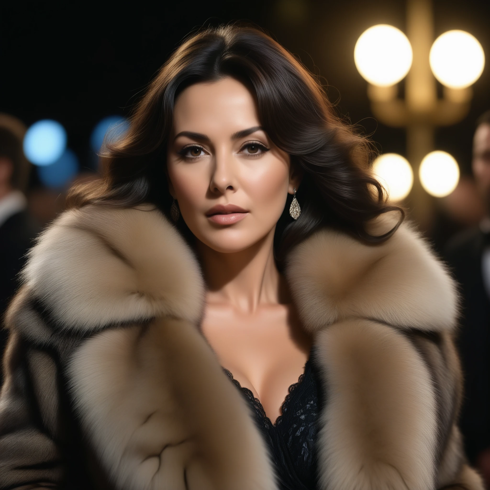 Hyperrealistic portrait of Monica Bellucci, 45 ans, dressed in a very voluminous and thick fur stole around bare shoulders, Realistic photo, dynamic lighting, affiche, volumetric lighting, highly detailed faces, 4k, prime,, 1fille, , discret,Tir de cow-boy ,cheveux longs,Cheveux noirs, very big breasts, festival de Cannes,