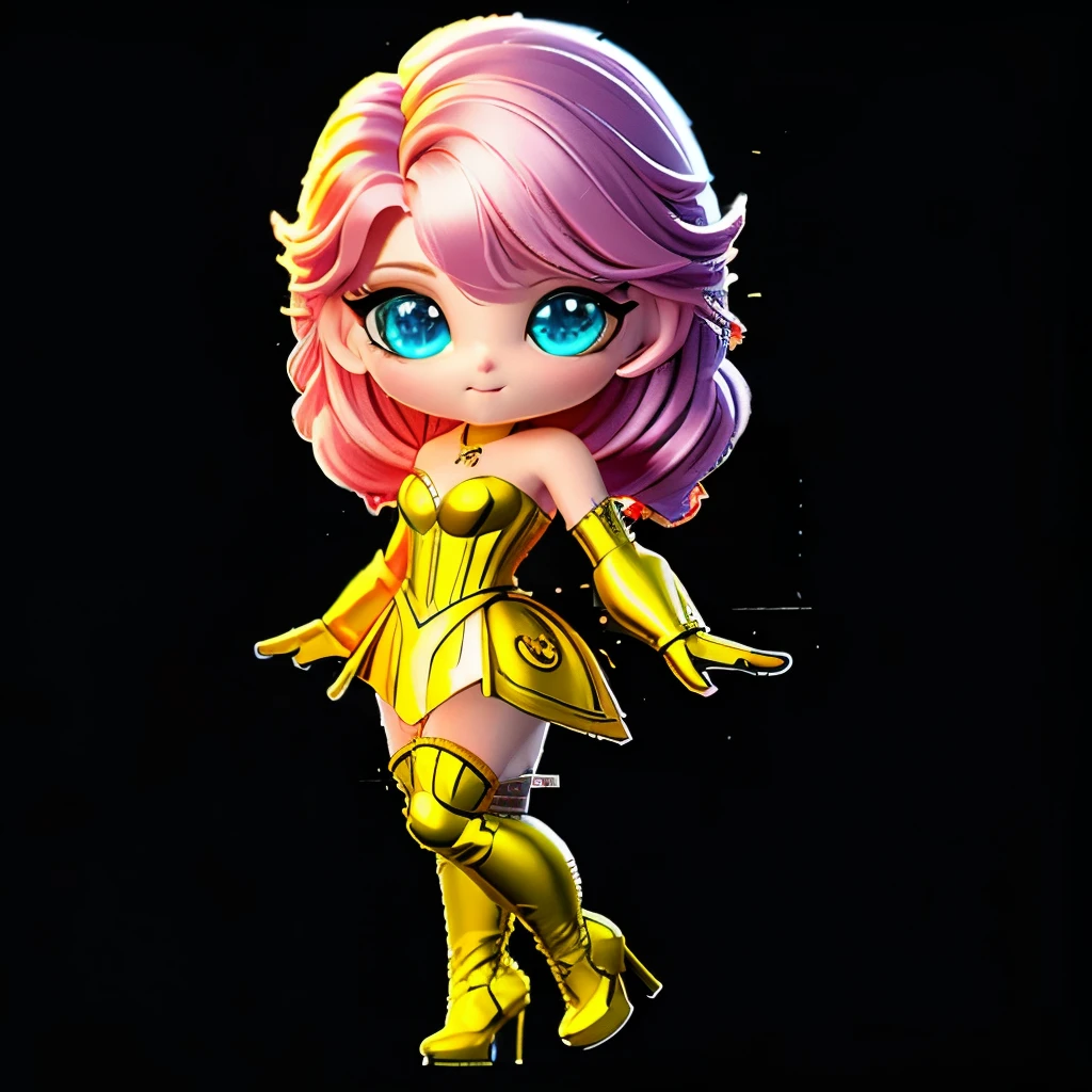 (Artwork, best quality:1.2), 1 girl, 3D, Alone

Standing,
in the center of the image a full-length chibi idol,

blonde hair and blue eyes, 

golden full body armor, 
Ares Armor,
shoulder armor decoration,
saint seiya armor, 
high heels, mythical cute, 


sharp and clean focus, Volumetric light and bright colors, 
vibrant colors, sharp colors, 
intricate detail
ambient occlusion, film grain, octane rendering,