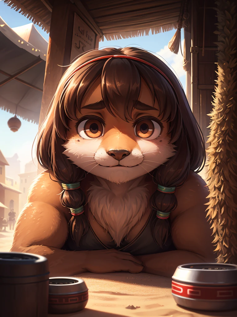 (Extreme Perspective:0.75) , Depth and foreground  , rule of thirds , old Cine Lenses , Bokeh , Karliman of the Desert , realistic hairy fur , round face , round eyes , Swollen cheeks , hair ties , Desert Town Market , A stranger who just took a quick look , A scene from a spy movie , Serious tailing scene