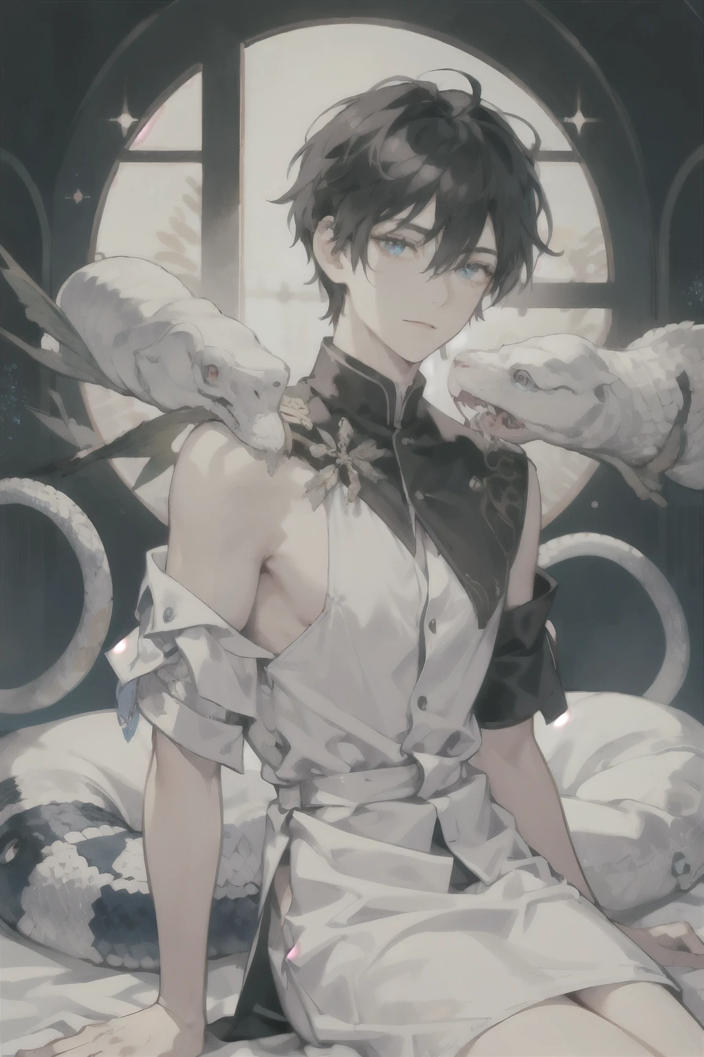masterpiece, best quality, ultra detailed, (solo man), (male focus), ((Oblong face)), ((Square jawline)), black hair, ((hairs between eyes)), ((shoulder length)), ((narrow blue eye)), fair skin, skinny body, beauty mark, snfw, {uniform, outfit, clothes}, white evening dress, sitting on bed, wet skin, (completely nude:1.2), (Giving an insincere smile:0.7), (Enjoying interaction with a big albino snake)