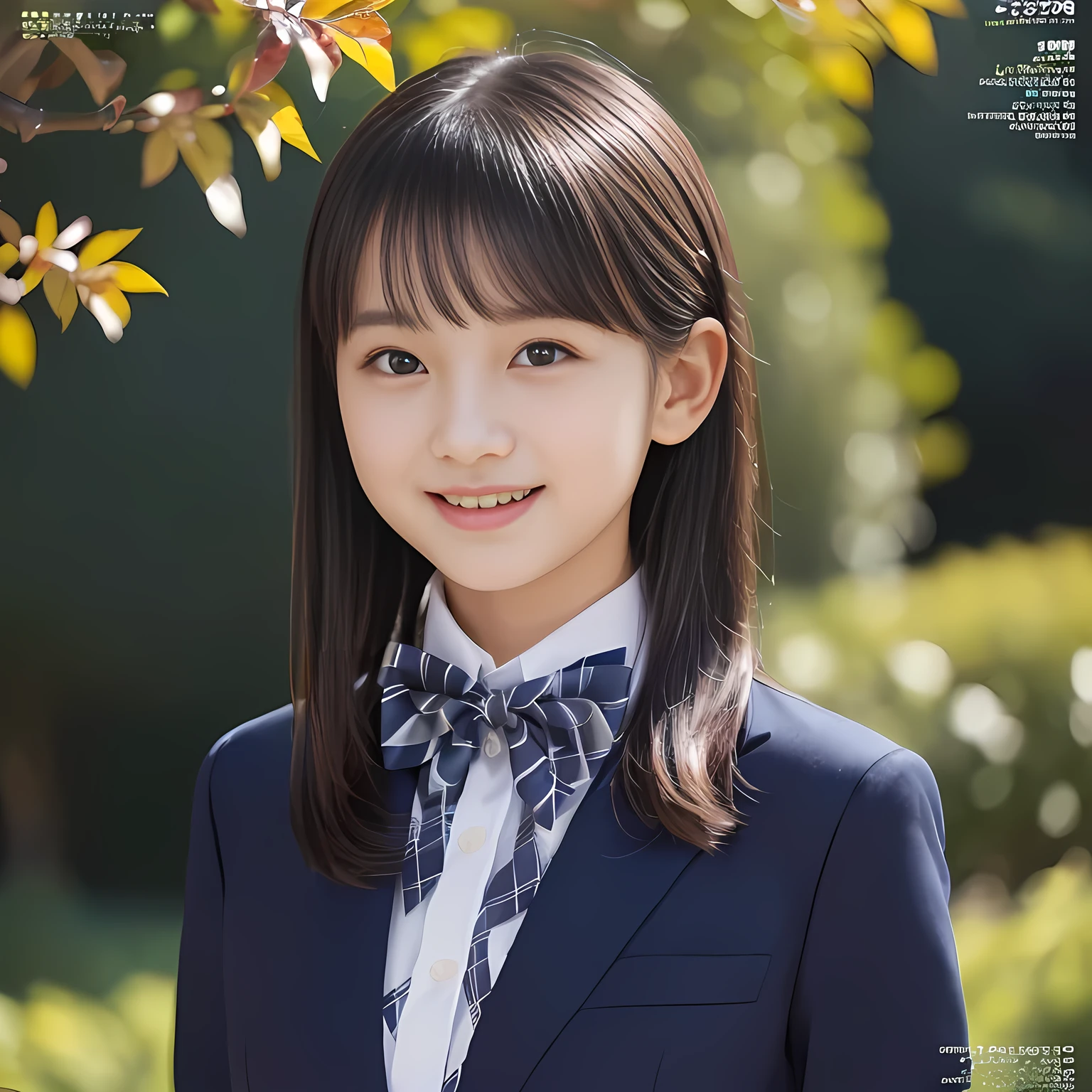 (highest quality, masterpiece:1.2), highest quality, Realistic, photograph, High resolution, 1080p, 8K, Physical Rendering, ((Height: 158cm)), Japanese girl、((((((A 14 year old beautiful mature Japanese magazine idle is looking straight at the viewer)))))), (((big very detailed beautiful dark brown eyes))), ((((laughing at me!)))), detailed fingers, (((curled blunt bangs))), ((((Very noble and cute eyes, carefully drawn with great attention to detail)))), ((double eyelids)), (((long eyelashes))), ((cute lovely lovely laughing laughing cheeks)), ((The pure white light hits my nose and cheeks. Her eyes and white facial skin shine beautifully white.)), (((((Her facial features are very expressive lovely smile, very sweet, very very intelligent))))), ((((impressive plain navy large school ribbon bow tie in plain)))), ((((black very beautiful bobbed hair)))), (blue and navy colored tartan checkered formal long pleated pleated skirt), (((A formal dark blue blazer in solid that is slightly oversized and with a golden emblem))), ((As elegant as a noble princess))