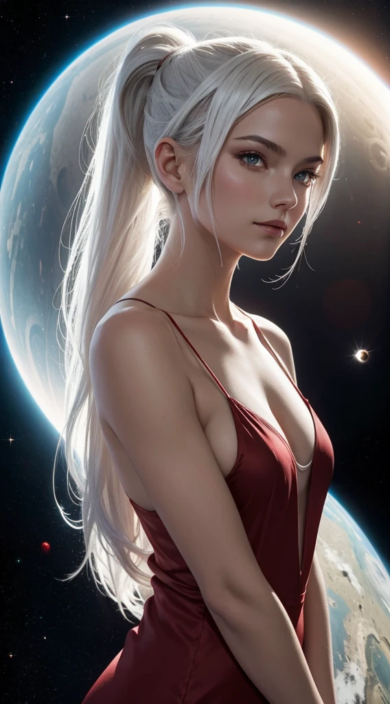 masterpiece, high quality, Ethyl Ketone, 1 Girl, white hair, Ponytail, Red slip dress, Cosmic background outside the porthole of a spaceship, Warm gaze, Solar eclipse background