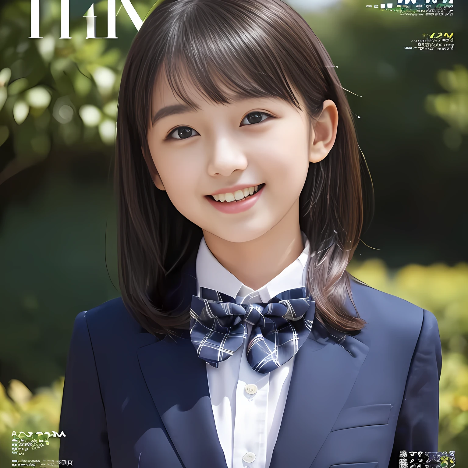 (highest quality, masterpiece:1.2), highest quality, Realistic, photograph, High resolution, 1080p, 8K, Physical Rendering, ((Height: 158cm)), Japanese girl、((((((A 14 year old beautiful mature Japanese magazine idle is looking straight at the viewer)))))), (((big very detailed beautiful dark brown eyes))), ((((laughing at me!)))), detailed fingers, (((curled blunt bangs))), ((((Very noble and cute eyes, carefully drawn with great attention to detail)))), ((double eyelids)), (((long eyelashes))), ((cute lovely lovely laughing laughing cheeks)), ((The pure white light hits my nose and cheeks. Her eyes and white facial skin shine beautifully white.)), (((((Her facial features are very expressive lovely smile, very sweet, very very intelligent))))), ((((impressive plain navy large school ribbon bow tie in plain)))), ((((black very beautiful bobbed hair)))), (blue and navy colored tartan checkered formal long pleated pleated skirt), (((A formal dark blue blazer in solid that is slightly oversized and with a golden emblem))), ((As elegant as a noble princess))