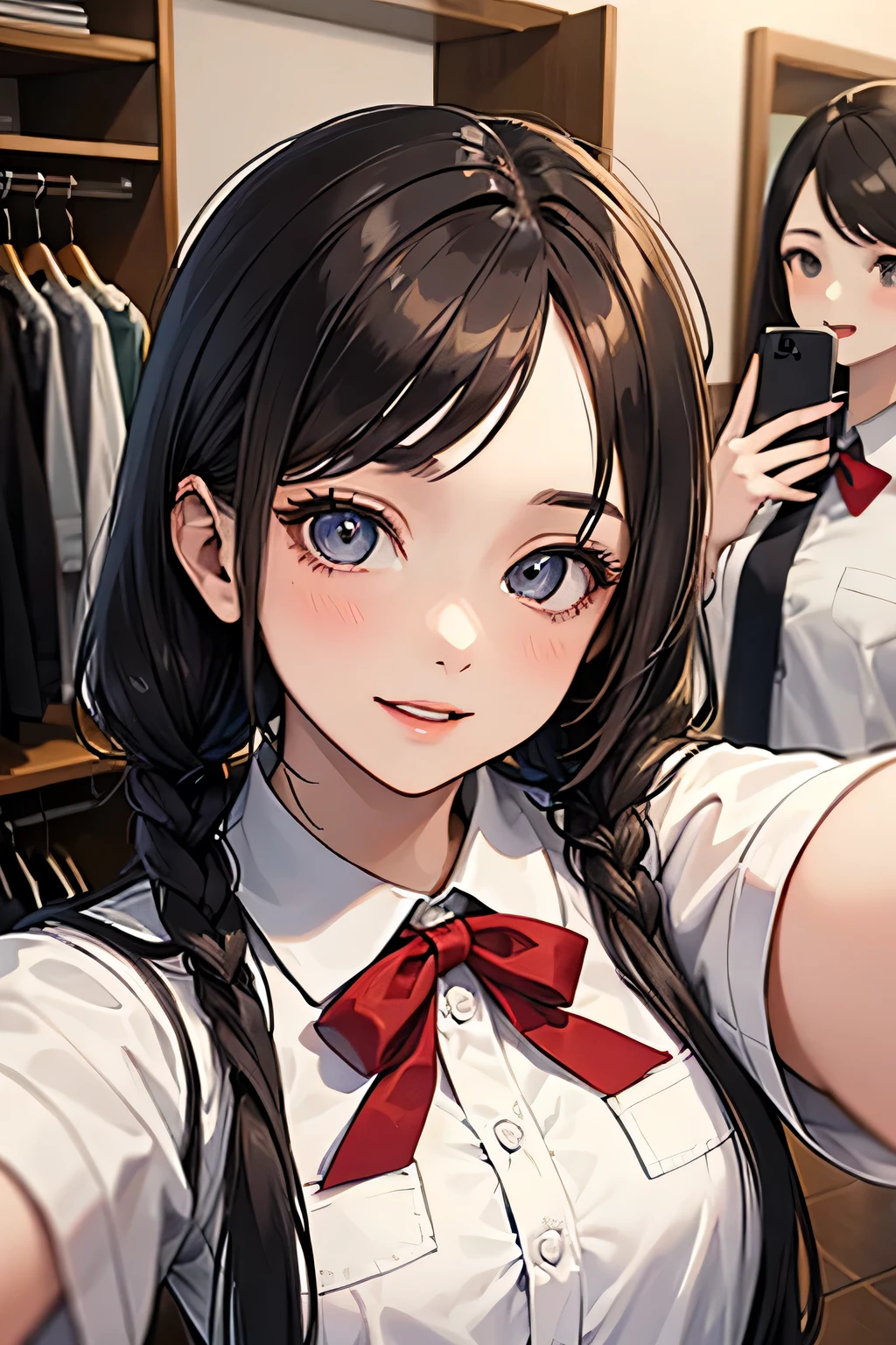 highest quality、High resolution、Detailed Background、(Beautiful face in every detail:1.4)、Anatomically correct、(Hide your fingers:1.3)、(Detailed facial expressions)、(Detailed eyes:1.2)、Teenage beauty、(Highly detailed face:1.4)、Cute hair colour、Braided twin tails、well-groomed eyebrows、Cute JK Uniform、Cute gestures、(Changing clothes in the fitting room)、In a joking manner、A big smile、(Three beautiful girls happily taking a selfie with their friends:1.5)