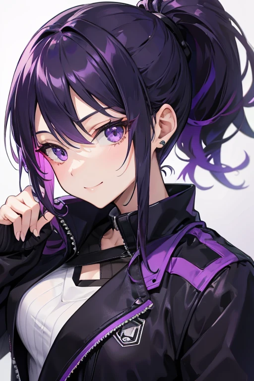 Purple Hair Half an eye masterpiece Low ponytail Female college student Black overcoat thin mysterious Suspicious smile whole body Mature