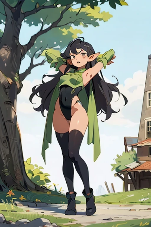 Beautiful elf Girl, medium black hair, waved hair, leaf leotard,long arms, long legs, cowboy shot, archer ,outdoor, new York,full body , view frontal,shock face,