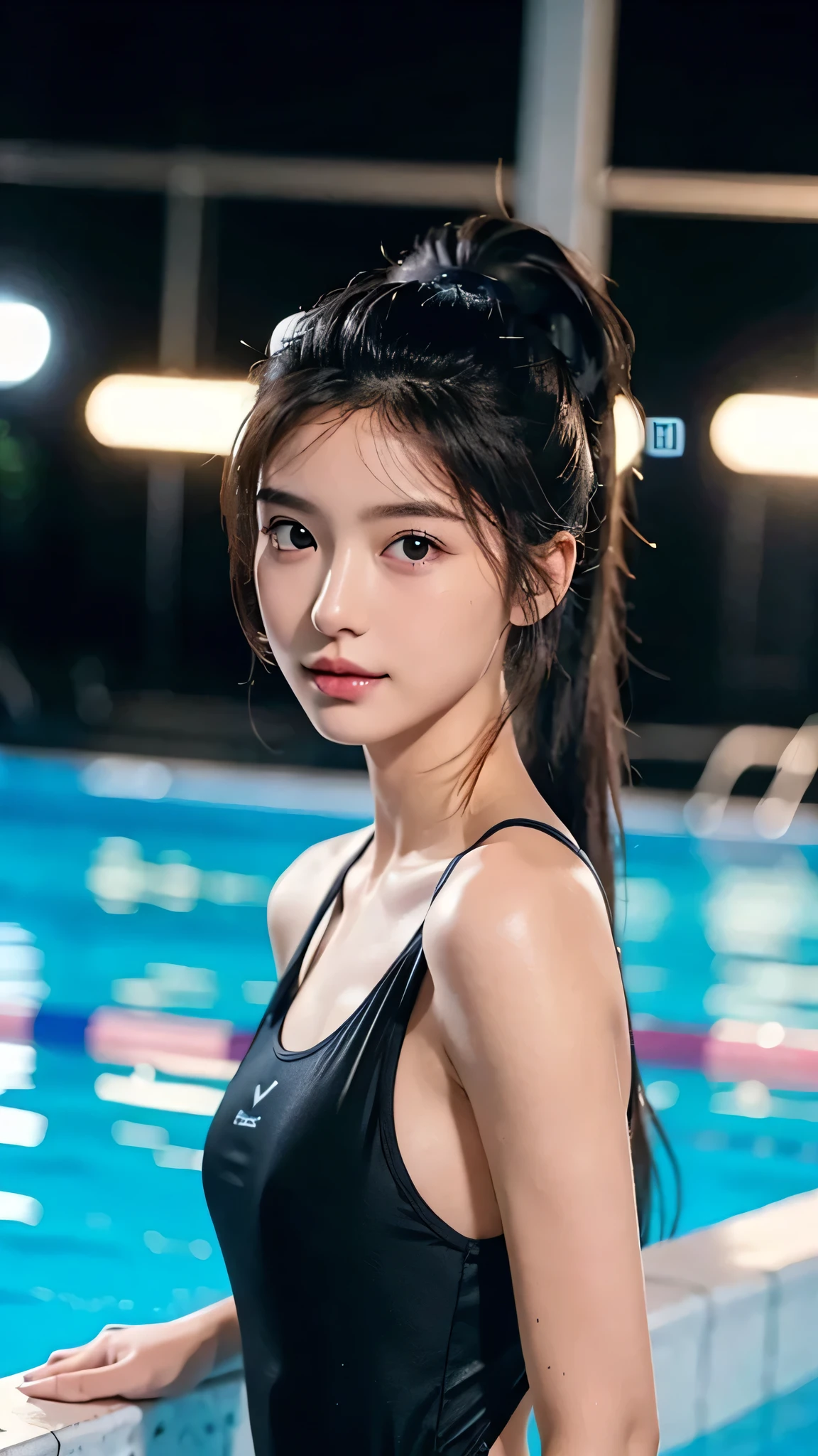 Pool at night,school blue one-piece swimsuit,One woman,close up face,fully body photo,masutepiece, The highest image quality, High quality, the background is clear，Beautiful woman, Japanese, Detailed, Detailed eyes, Detailed skin, Beautiful skin, 超hight resolution, (reality: 1.4),Very beautiful woman, Slightly younger face, Beautiful skin, slender, (Ultra photo realsisim), (hight resolution), (8K), (Very detailed) (beautifully detailed eyes), (super detailed),   (Detailed face), view the viewer, Fine details, Detailed face, Staring straight ahead, Staring straight ahead, photos realistic, Bright lighting, Professional Lighting, Black hair,poneyTail,a ,sixteen ye: ponytail,Long ponytail hairstyle,slight smile,