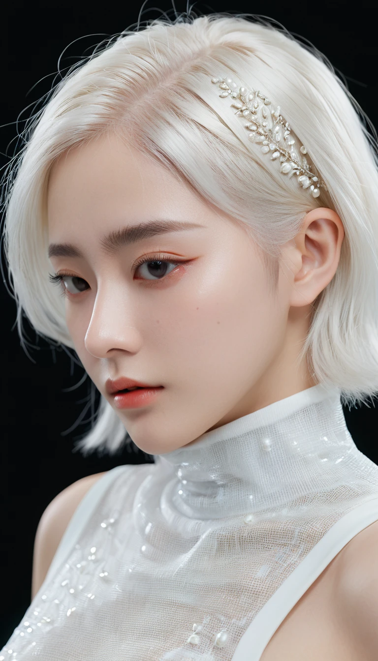 best quality,Perfect masterpiece,Perfect work of art,Official Works,8K,, (Upper body portrait:1.3),((View from the side:1.5)),Close-up lens,Delicate face,, 17 years old,white hair女孩,(white hair:1.5),Short and medium-length hair,((White transparent eyes:1.5)),(White Dress:1.2),(Transparent clothing:1.2),(black background:1.3),, Pearl hallucination,Cyberpunk,Fashion,3S Materials,HD,Detailed expression,c4d,3D,Octane Rendering,Ray tracing,Intricate details,Animated Lighting,Renderer,