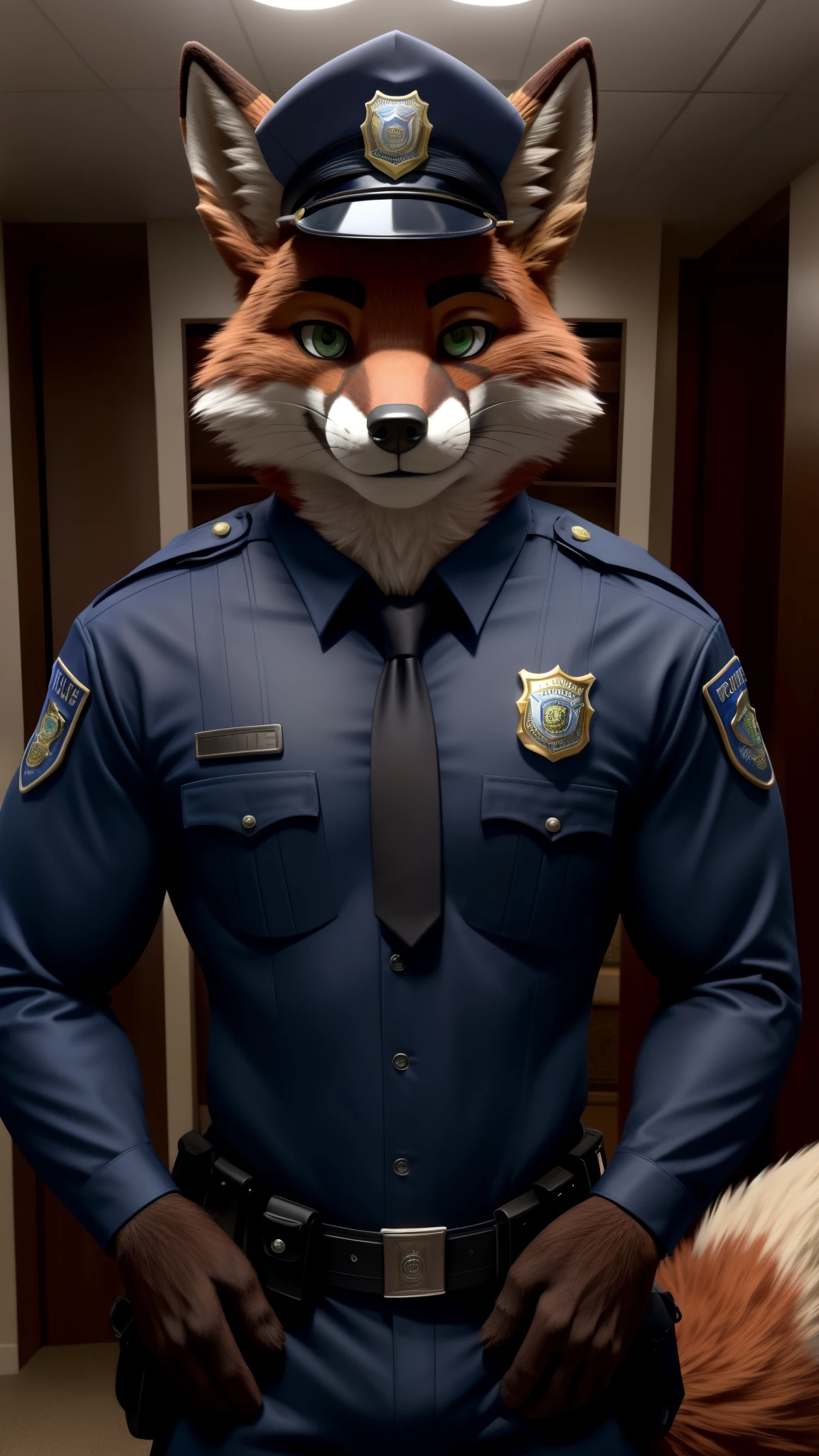 an adult muscular male Fox fursuit alone in the United States posing for the camera and looking at the viewer Seductive smile and green eyes (sexy police outfit)
