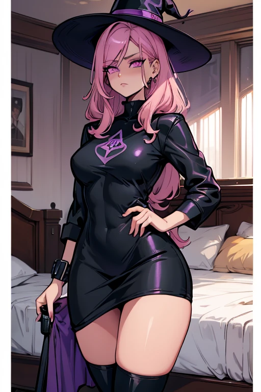 A pink haired female reaper with violet eyes and an hourglass figure in gothic ballgown is smiling in front of a creepy door