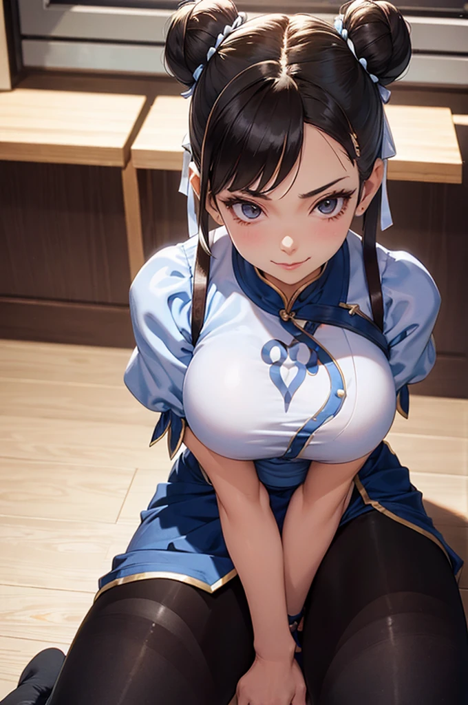 chun li,evil smile, work of art, tight white secretary shirt with black tie, black high waist skirt, short skirt, black hair, black tights, evil smile, office, bangs in the eyes, lighting, hair horn, vision of up, looking up, evil smile, sitting on an office chair, legs crossed,imagem detalhada,belas coxas detalhadas,sentada