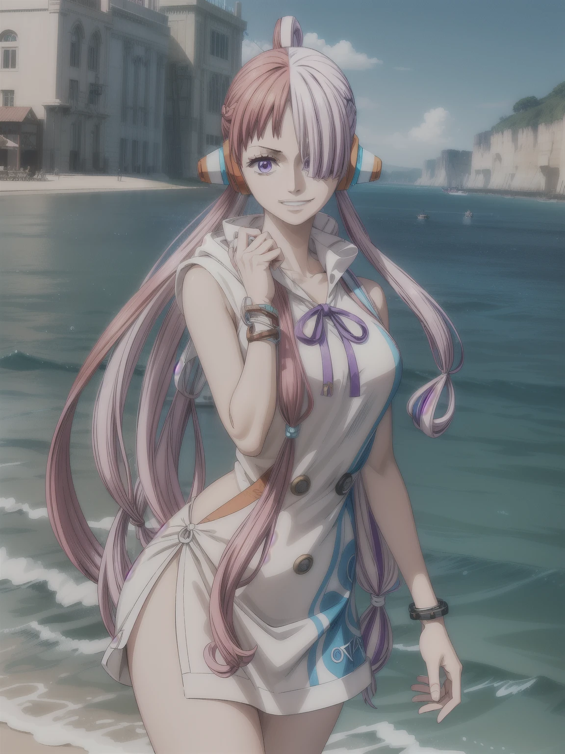 onepieceuta, uta, Long Hair, (Purple eyes:1.1), Gray Hair, Redhead, multicoloRedhead, (Hair on one eye:1.5), Two-tone hair, Split Color Hair, Hair Ring, Side Lock, smile, Grin,
break dress, ribbon, jewelry, Oversized hoodie, Oversized trousers, Headphones,
break outdoors, Ocean, boat,
break looking at viewer, (Cowboy Shot:1.5),
break (masterpiece:1.2), highest quality, High resolution, unity 8k wallpaper, (figure:0.8), (Beautiful fine details:1.6), Highly detailed face, Perfect lighting, Highly detailed CG, (Perfect hands, Perfect Anatomy),