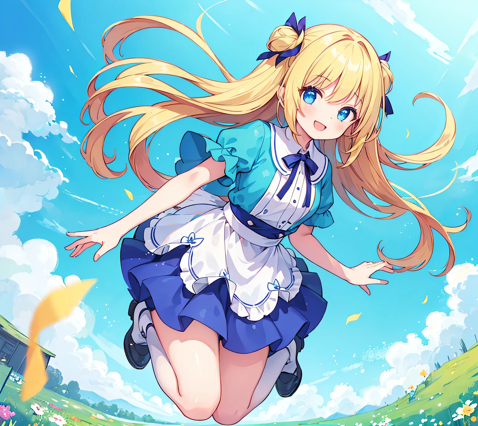 Highest quality,highest quality,masterpiece,break,(Girl 1,Blonde,Long Hair,Jumping,smile,It's smiling),grassland,looking at viewers ,